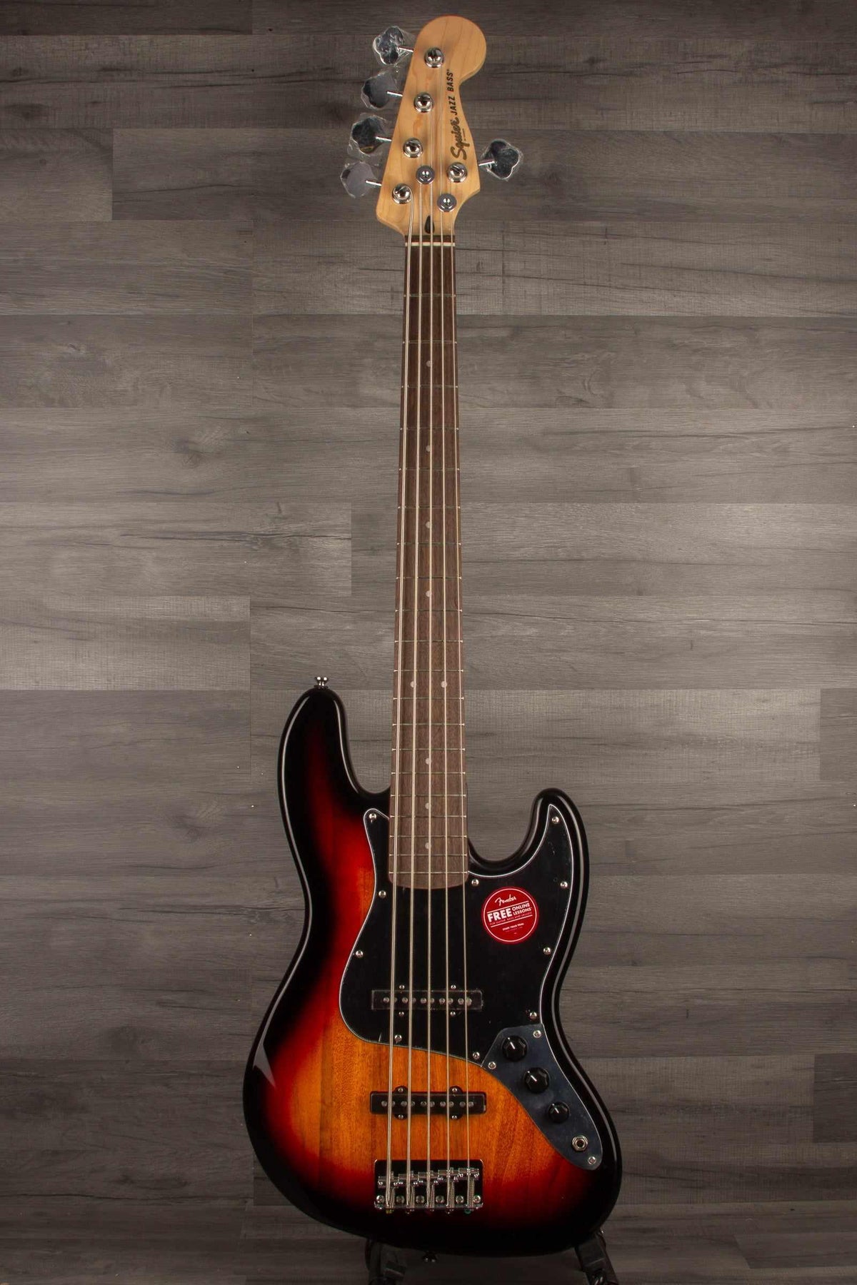 Squier Affinity Jazz Bass V guitar with 3-color sunburst finish and Laurel fingerboard.