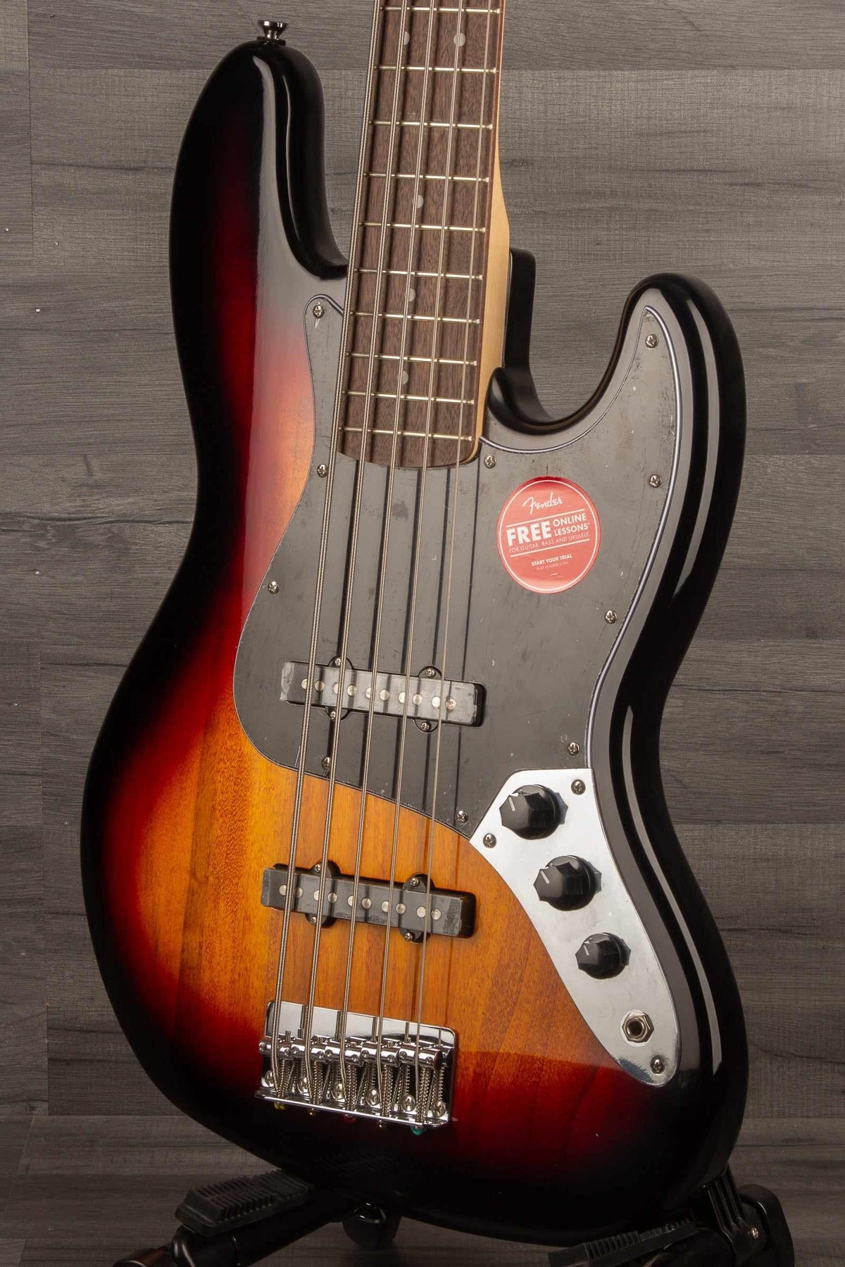 Squier Affinity Jazz Bass V with Laurel Fingerboard and 3-Color Sunburst finish.