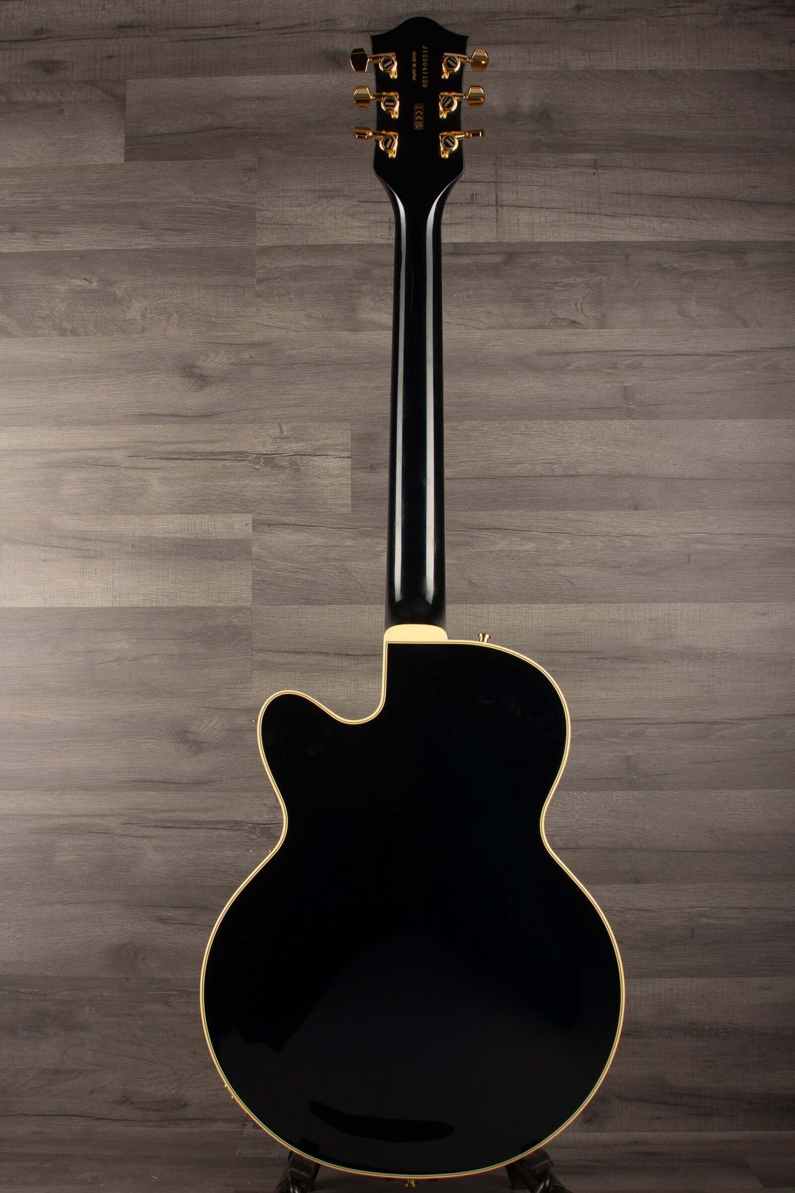 Gretsch Broadkaster® Jr. LX Center Block guitar back view with gold hardware and glossy Midnight Sapphire finish.