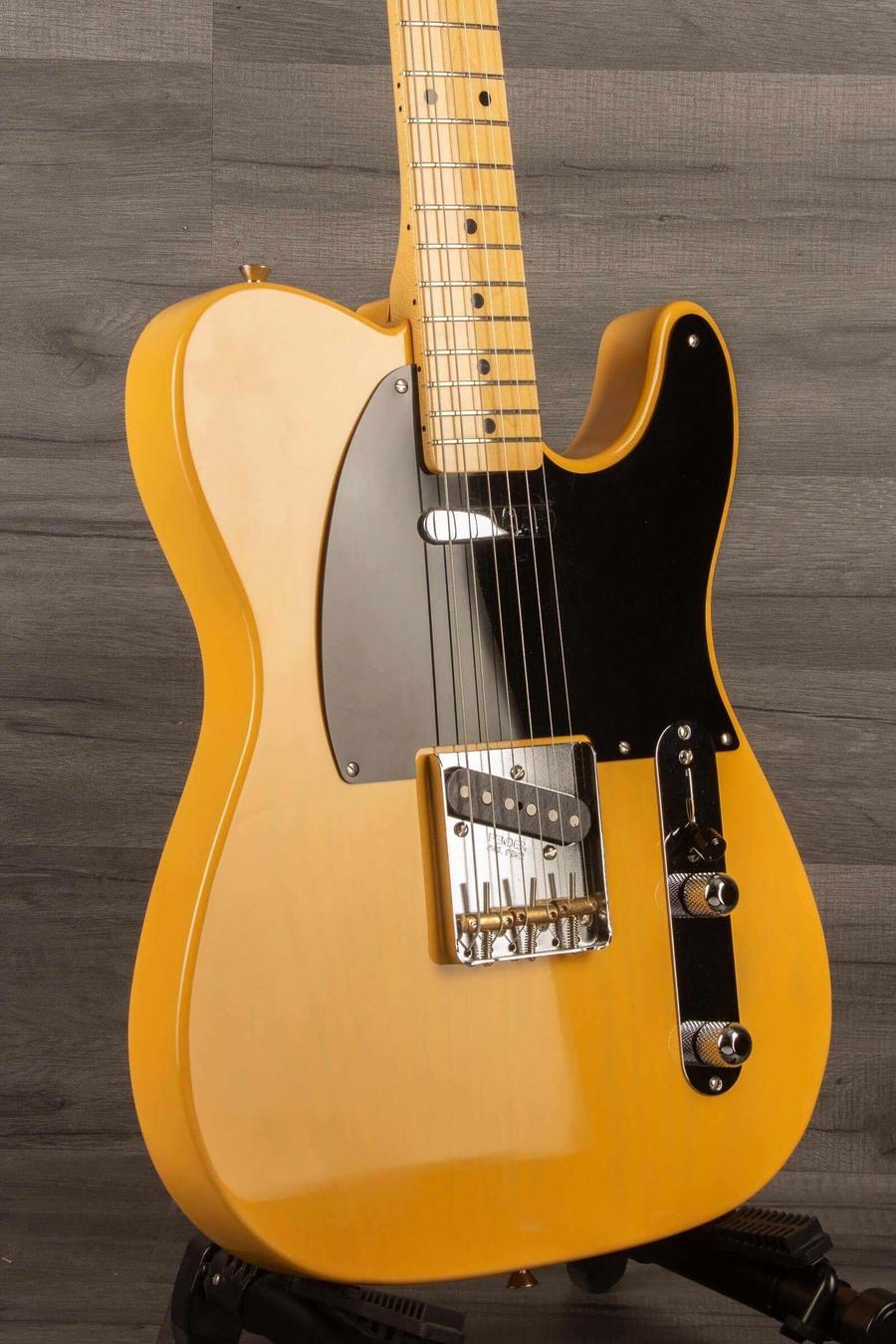 USED - Fender Japanese Traditional II 51 Nocaster Butterscotch Blonde guitar with black pickguard and maple neck.