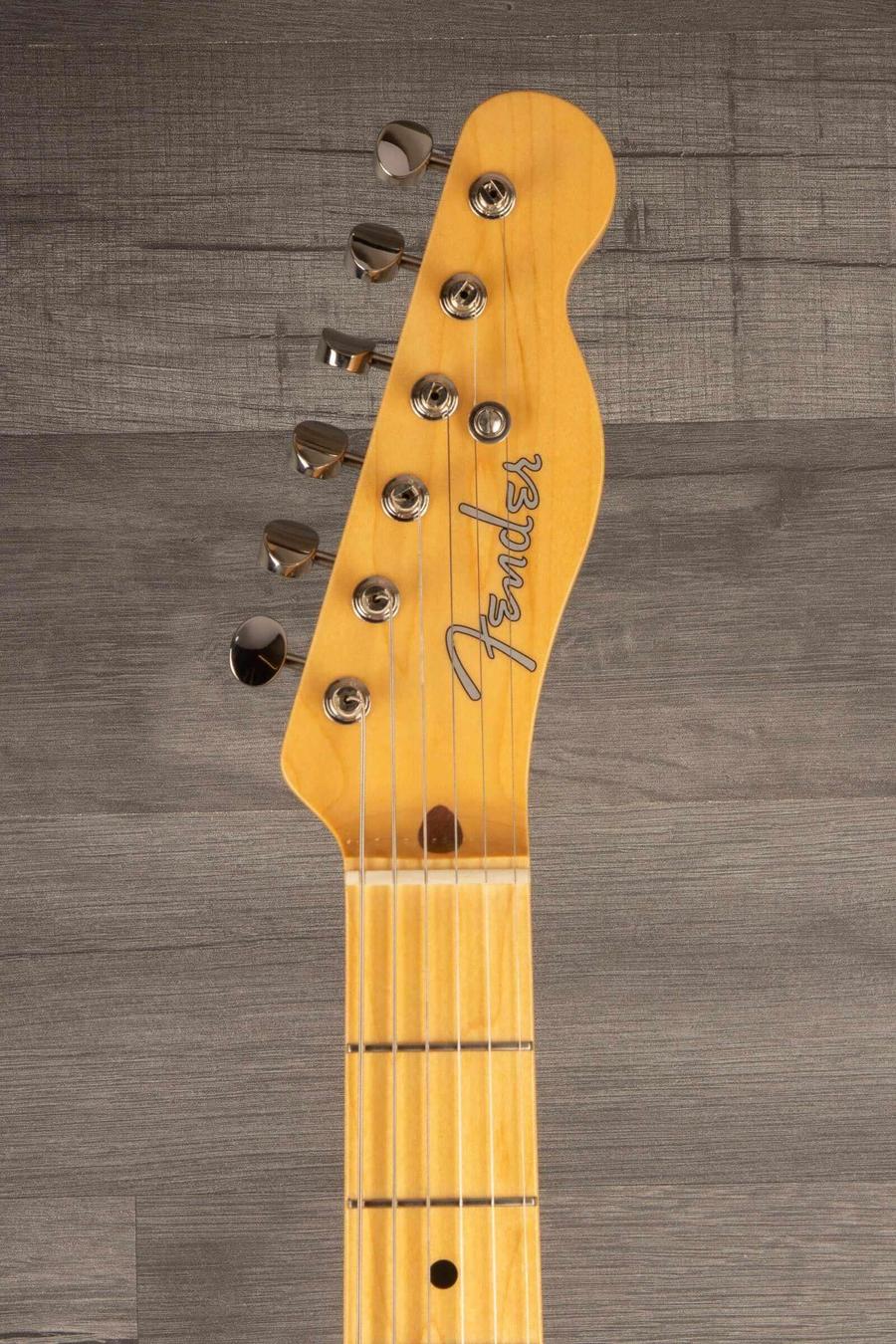 Fender guitar headstock of the Japanese Traditional II 51 Nocaster in Butterscotch Blonde finish.