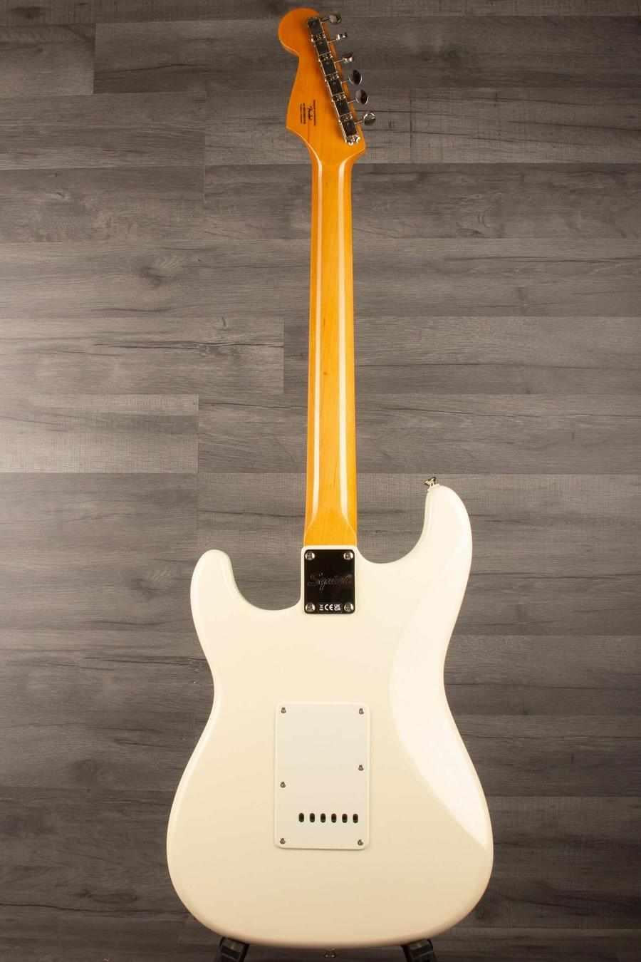 Back view of Squier FSR Classic Vibe '60s Stratocaster in Olympic white showing neck and body design.