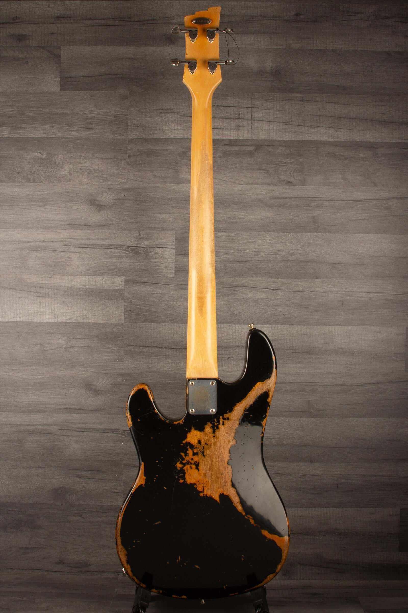 Duesenberg Chris Chaney Bass Black Distressed LTD back view showcasing unique finish and craftsmanship.