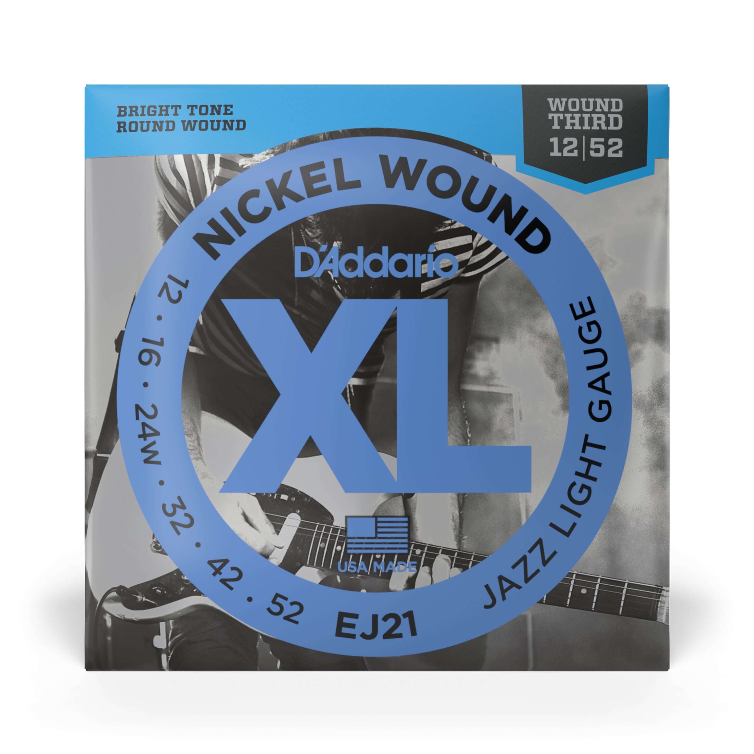 D'Addario EJ21 Jazz Nickel Wound 12-52 Electric Guitar Strings, Light packaging featuring bright tone and round wound design.
