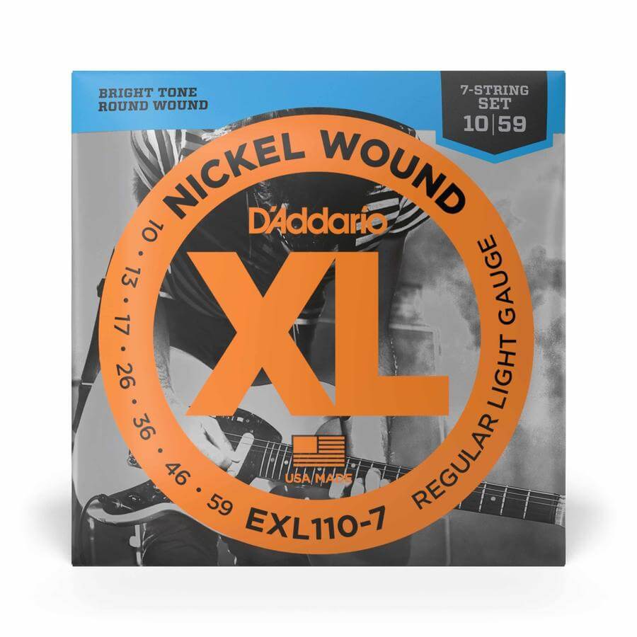 D'Addario EXL1110-7 10-59, 7-string electric guitar strings packaging with bright tone label.