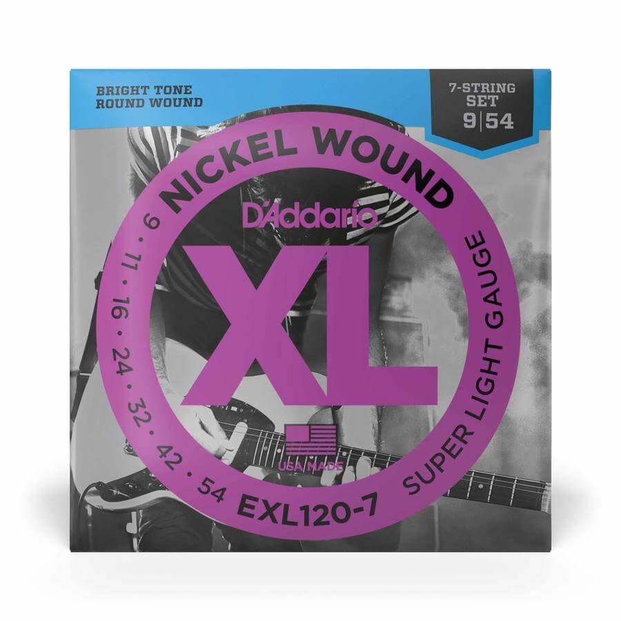 D'Addario EXL120-7 9-54 7-string electric guitar strings packaging with bright-tone round wound design.