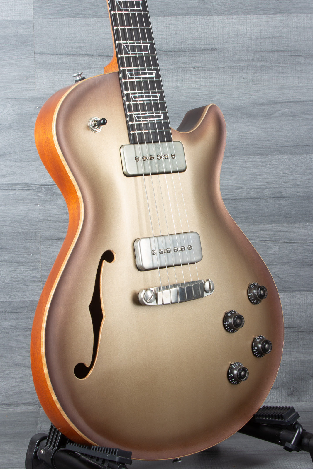 Patrick James Eggle Macon Carved Top Electric Guitar (#31150), Sunburst over Shoreline Gold, Dual P90 Pickups