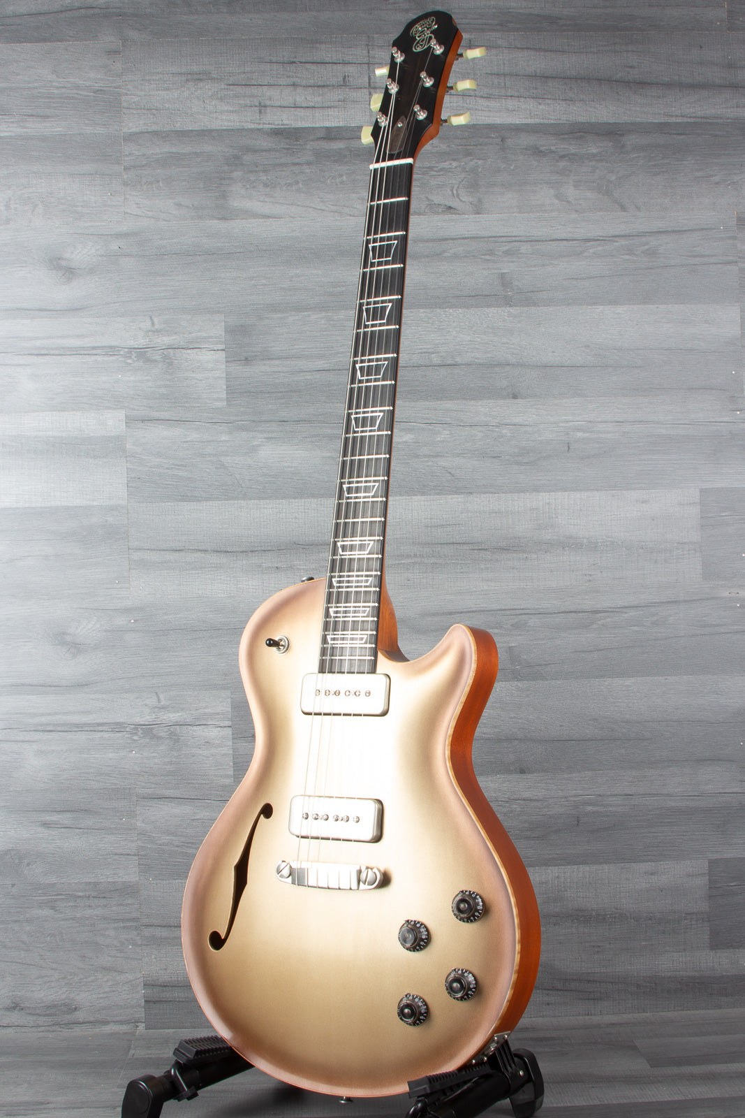 Patrick James Eggle Macon Carved Top Electric Guitar (#31150), Sunburst over Shoreline Gold, Dual P90 Pickups