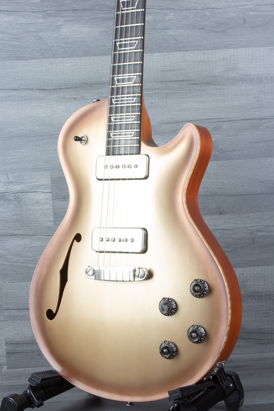 Patrick James Eggle Macon Carved Top Electric Guitar (#31150), Sunburst over Shoreline Gold, Dual P90 Pickups