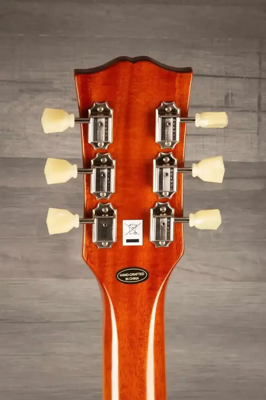 Back view of the Epiphone 1957 Les Paul Goldtop Reissue guitar headstock with vintage-style tuning pegs.
