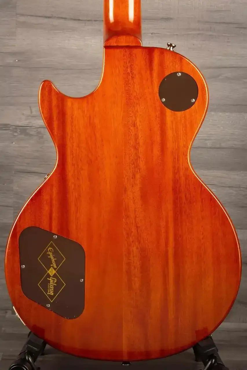Back view of Epiphone 1957 Les Paul Goldtop Reissue showcasing its solid mahogany body and craftsmanship.