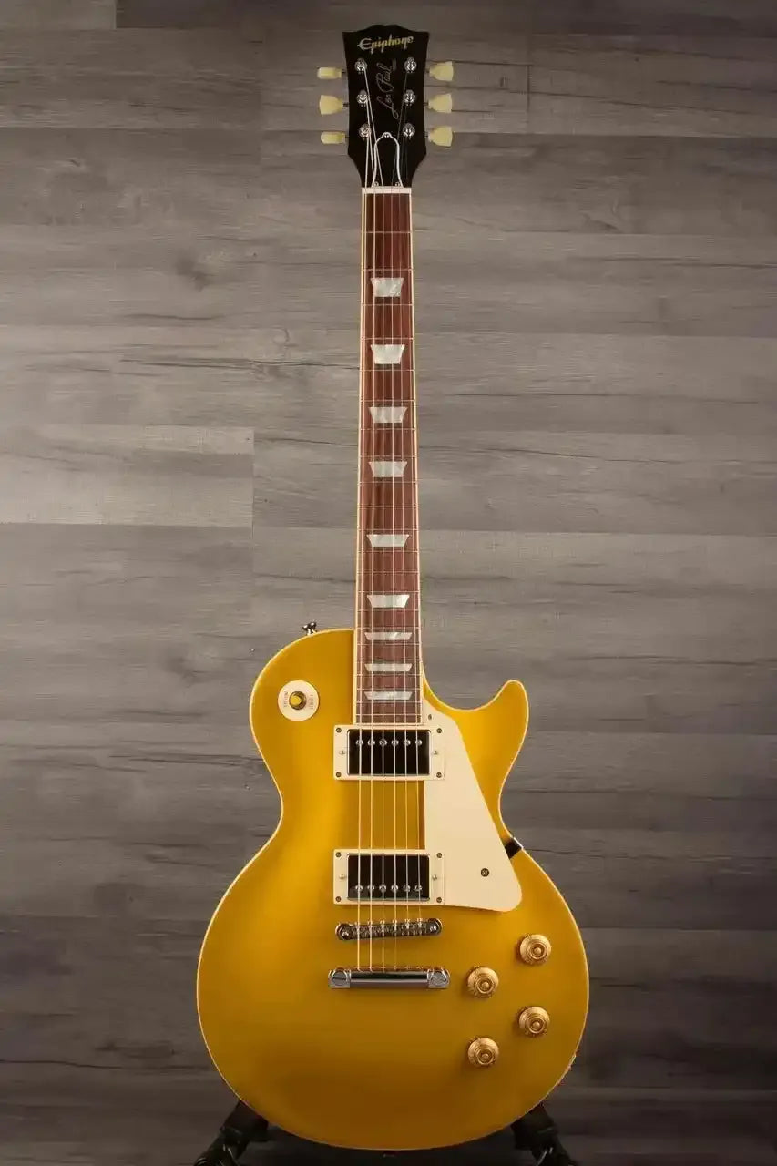 Epiphone 1957 Les Paul Goldtop Reissue showcasing a vintage gold finish and classic design features.