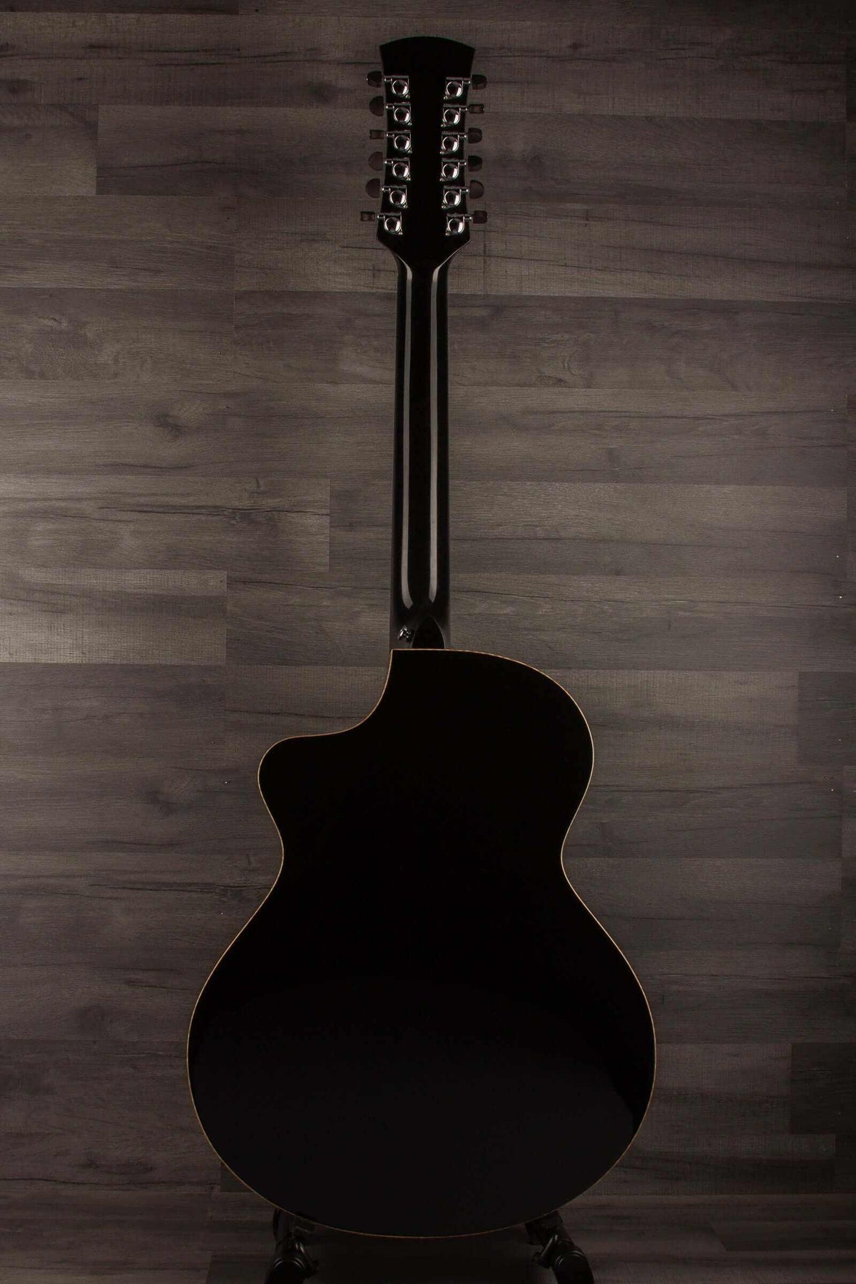 Back view of the Faith ECLIPSE Series Neptune 12string CE Inc Case, showcasing its sleek design and polished finish.
