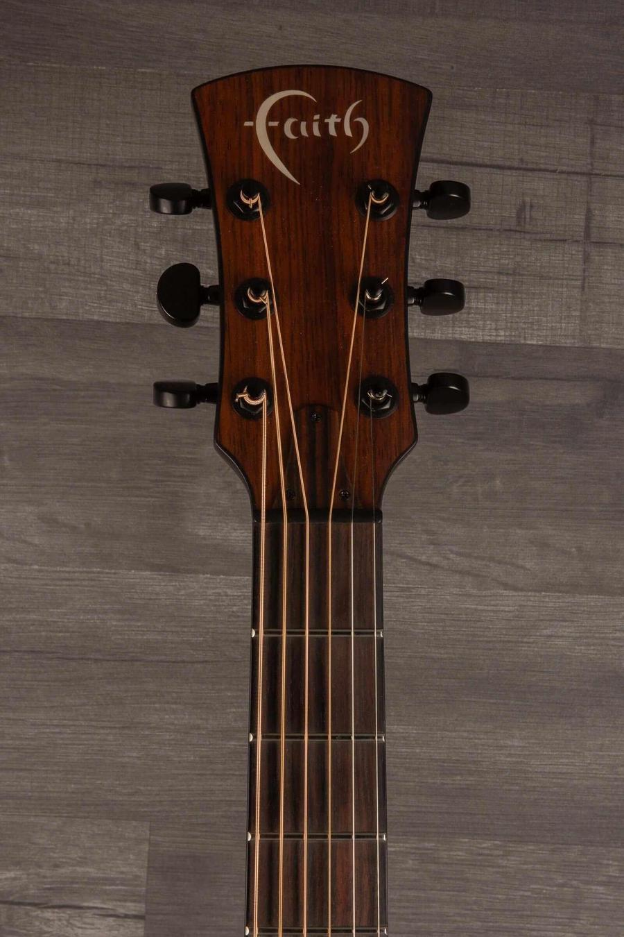 USED - Faith Nexus Venus - Solar Flare guitar headstock detail showcasing tuning pegs and logo.