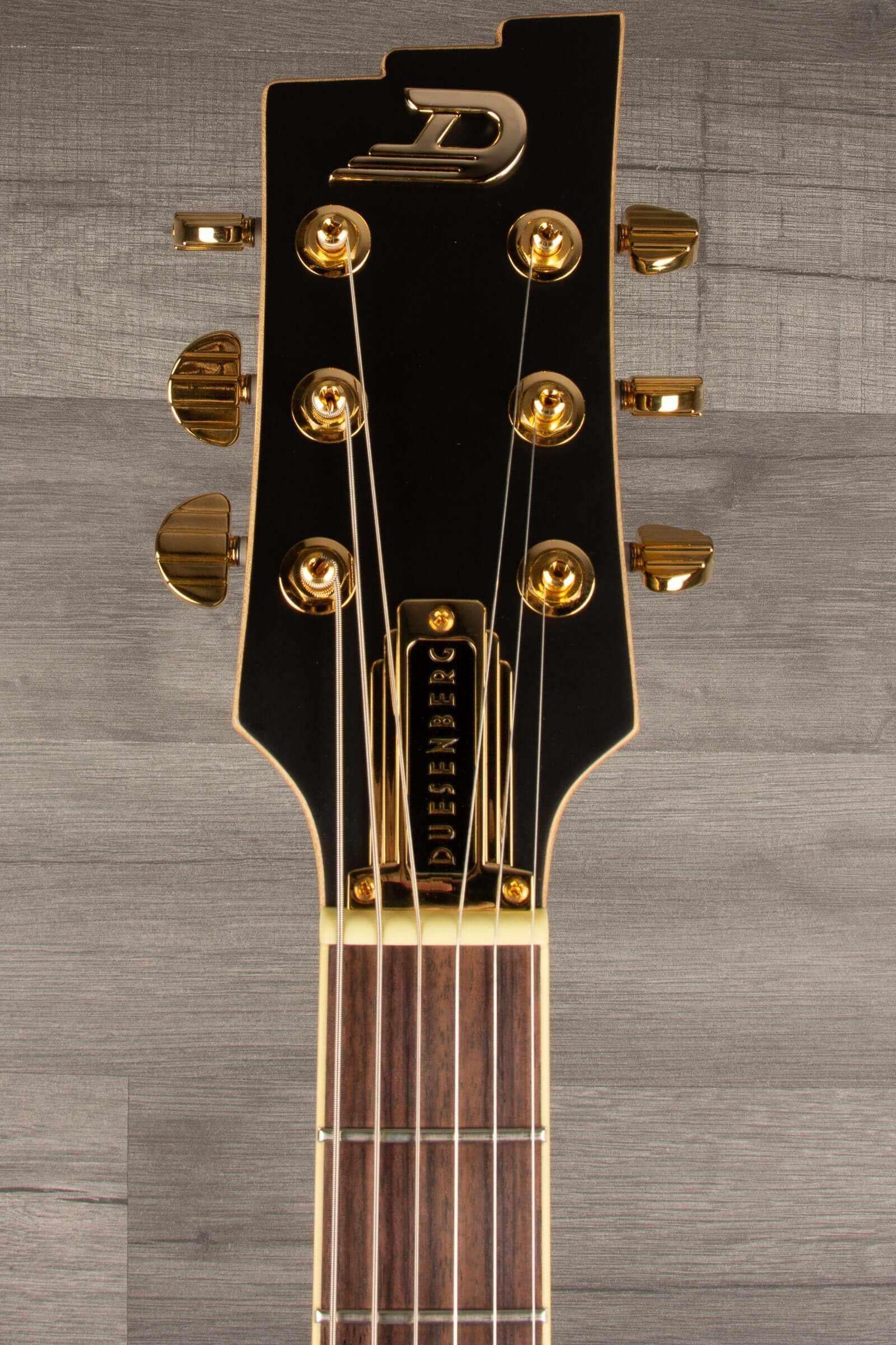 Duesenberg Falken Tremola , Electric Guitar - Matte Black headstock with gold tuning pegs and rosewood fretboard.