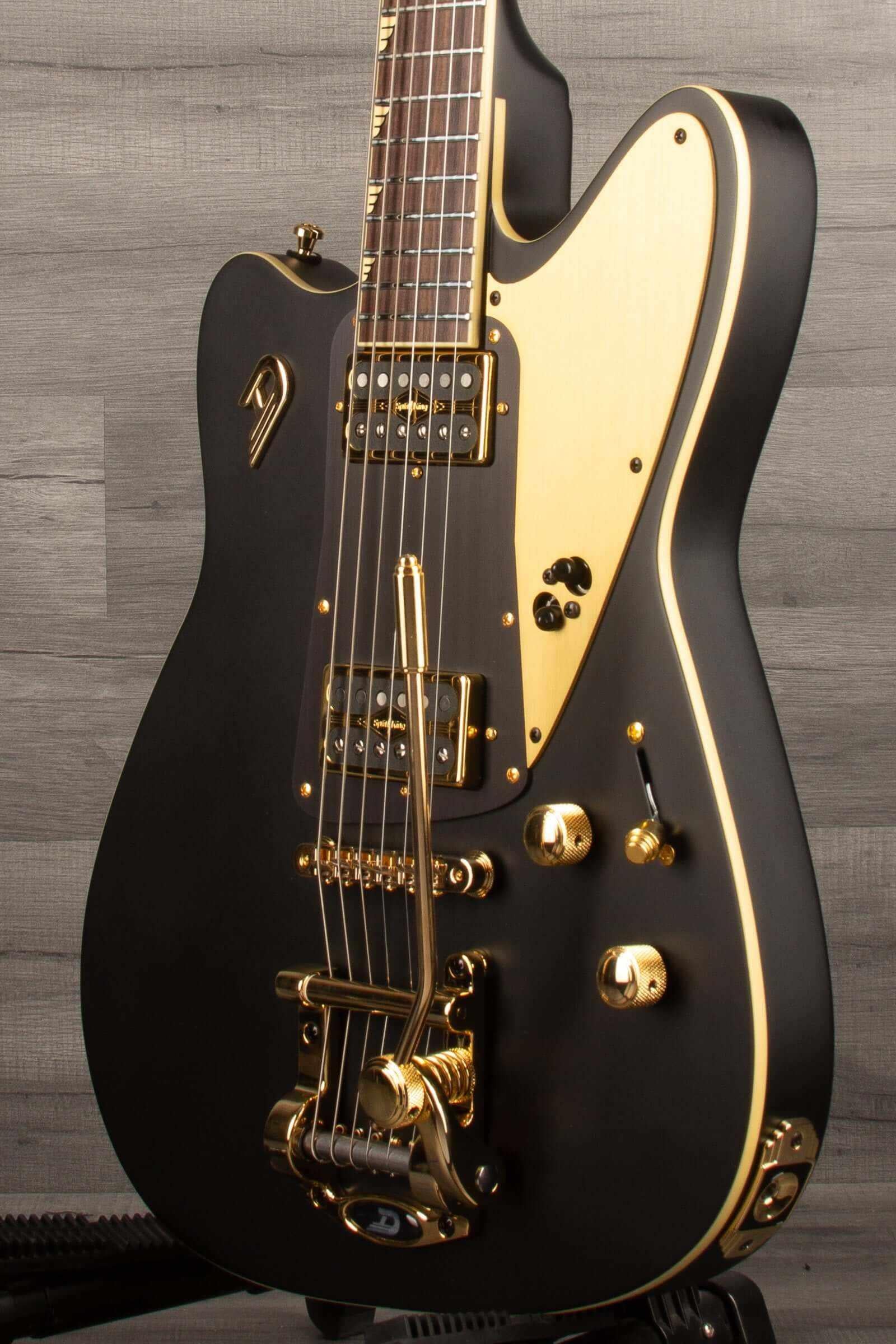 Duesenberg Falken Tremola , Electric Guitar - Matte Black with gold hardware and unique body shape.
