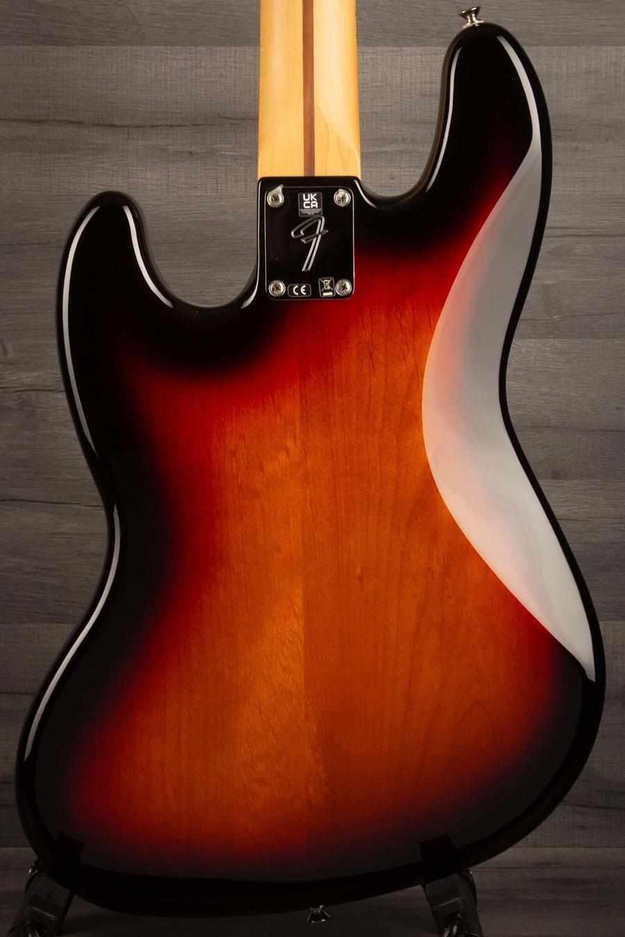 Fender Player Jazz Bass Guitar, Maple neck, 3 tone sunburst - back view showing the rich finish