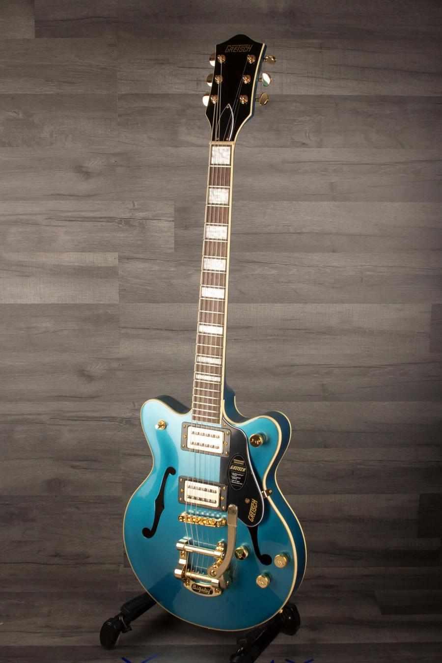 Gretsch G2655TG Streamliner™ Center Block Jr. Double-Cut with Bigsby® LTD, Laurel Fingerboard, Riviera Blue guitar on display.
