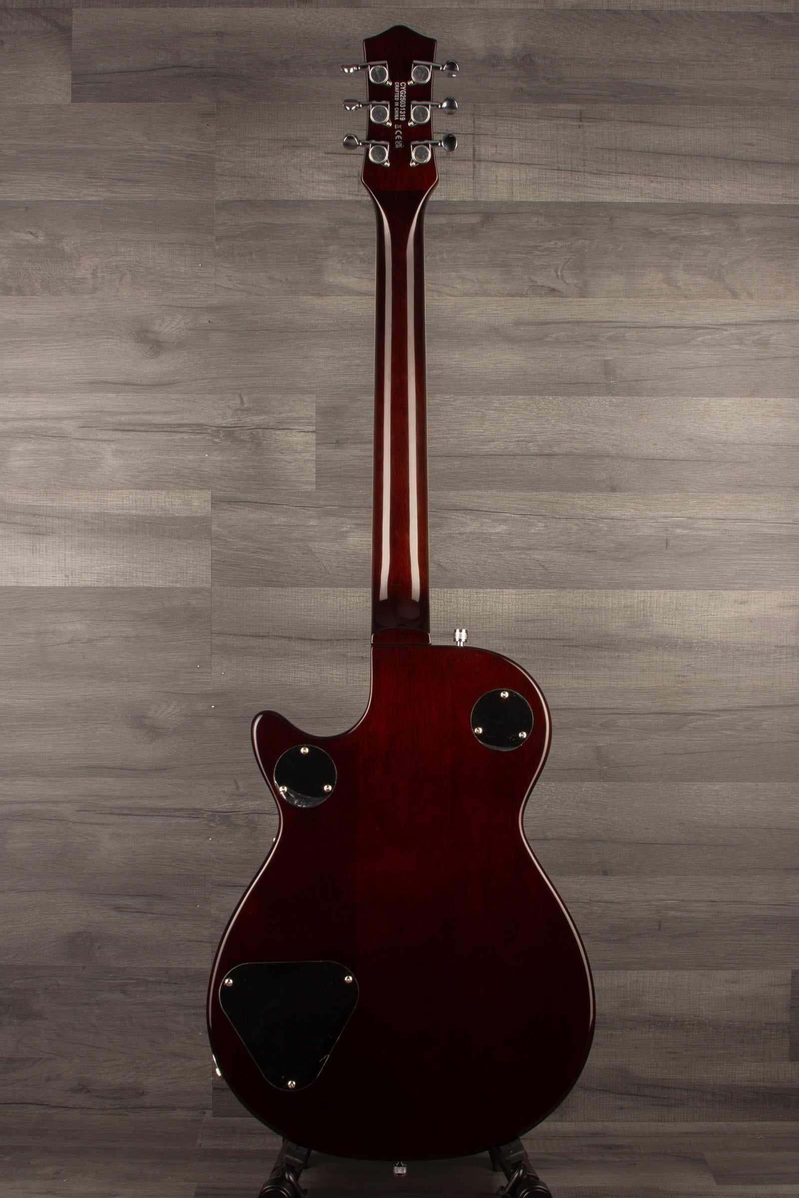 Back view of Gretsch G5230T Electromatic Sparkle Jet single-cut guitar in silver sparkle finish.