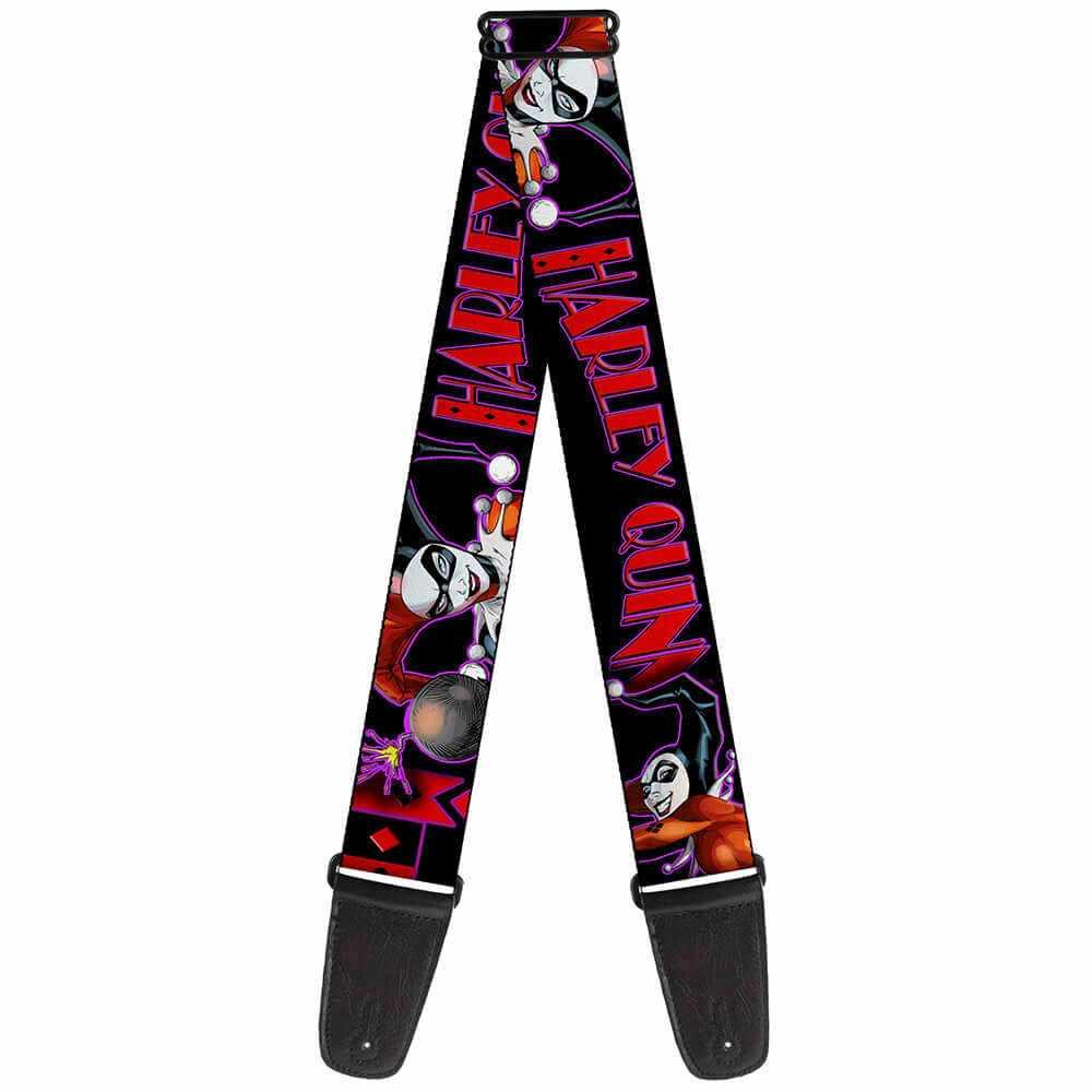 Buckle Down Harley Quinn Bomb poses guitar strap with vibrant designs and adjustable features.
