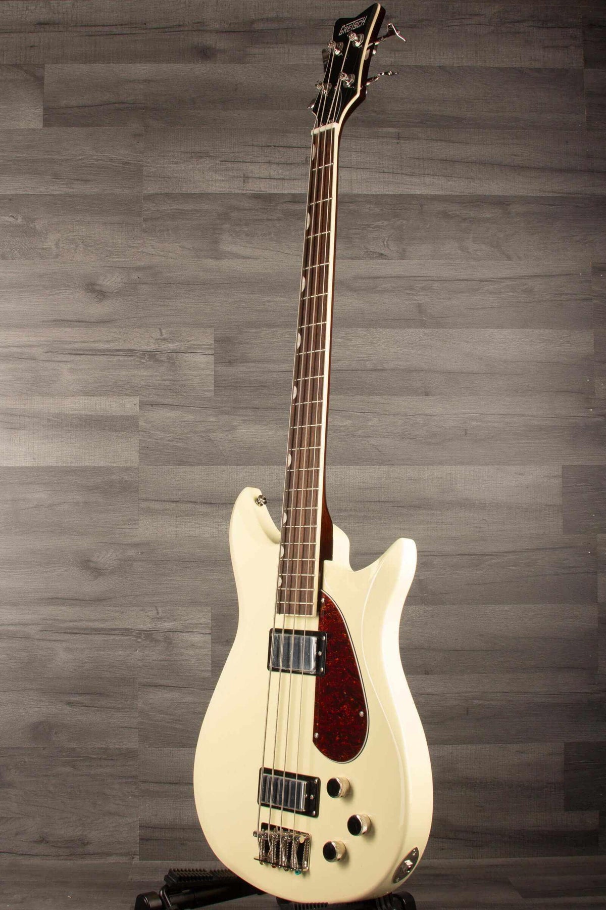 Gretsch Electromatic® CVT Bass Double-Cut, Laurel Fingerboard, Vintage White displayed against a grey backdrop.