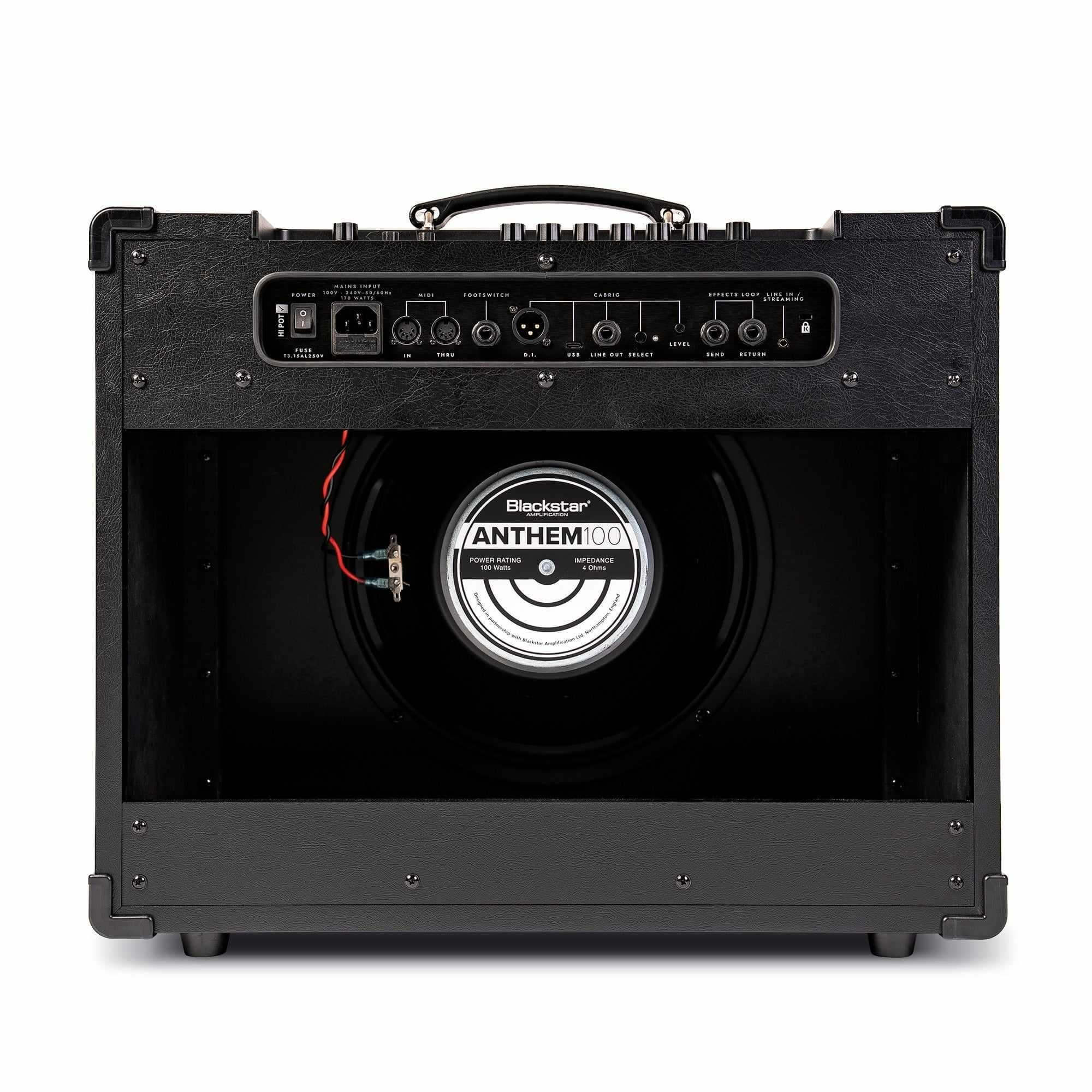 Back view of Blackstar IDX:100 high power digital combo amplifier showcasing speaker and control panel.