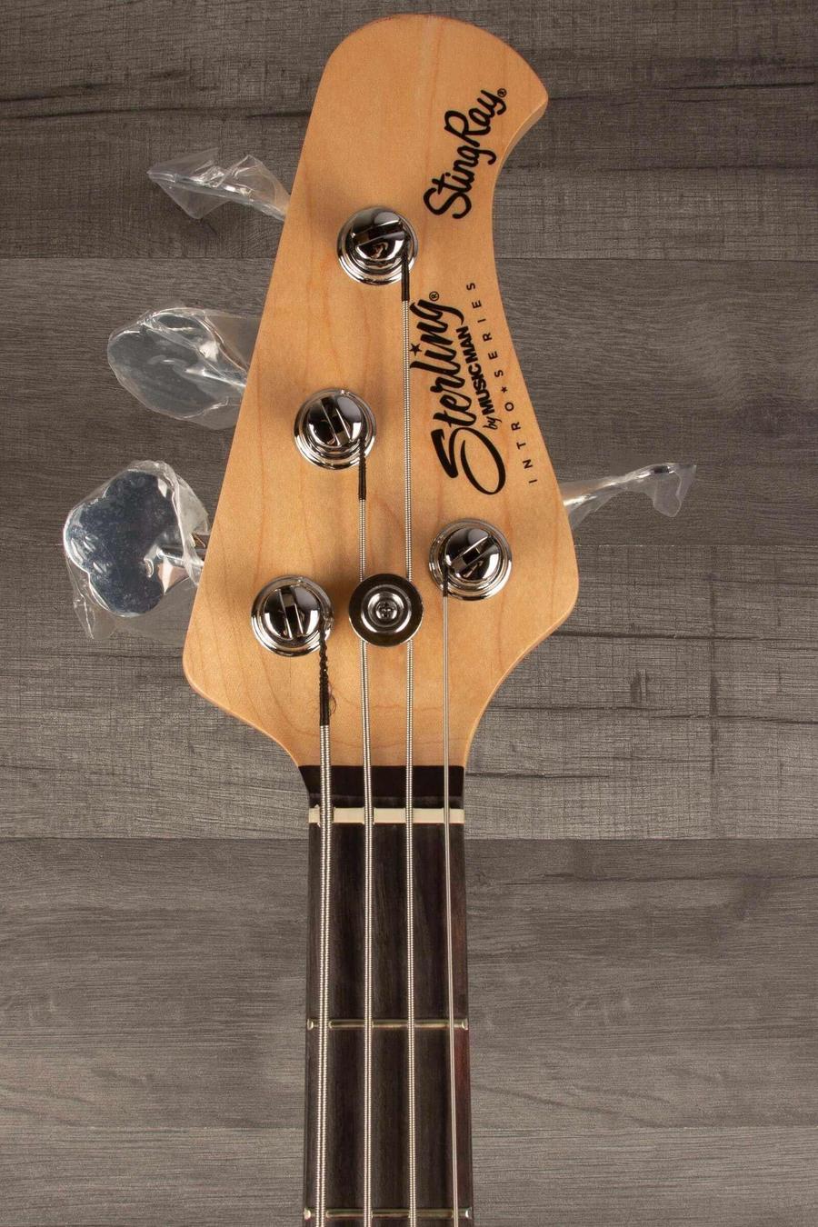 Sterling Stingray Intro series Bass Guitar - Misty Green headstock with tuning pegs and logo