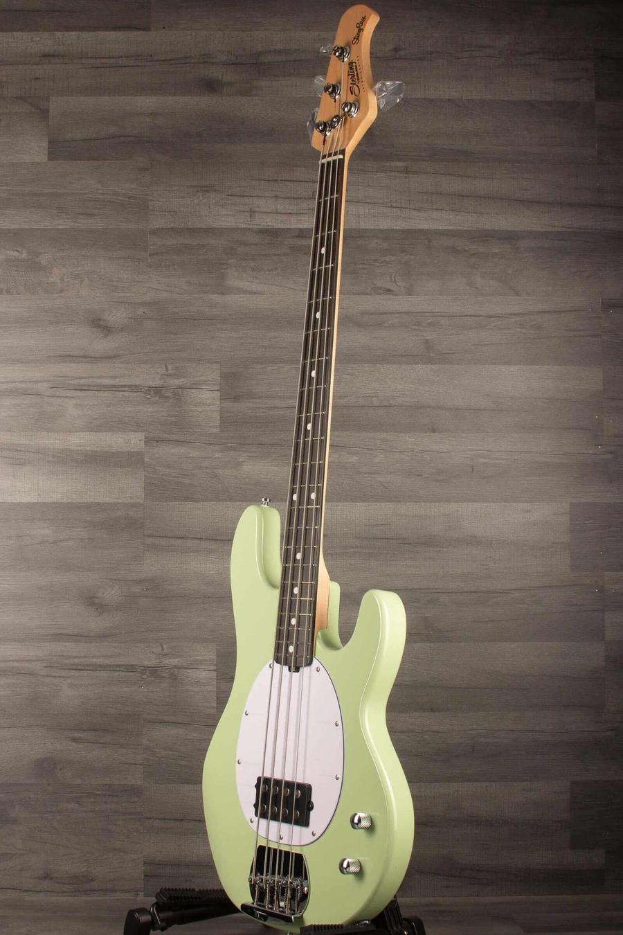 Sterling Stingray Intro series Bass Guitar - Misty Green, iconic design with contoured body, perfect for new players.