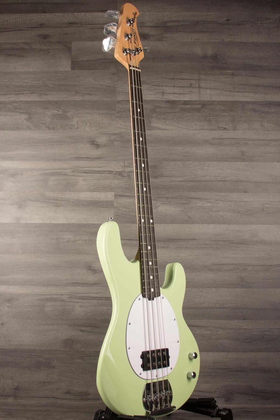Sterling Stingray Intro series Bass Guitar - Misty Green featured with contoured body and ergonomic design.