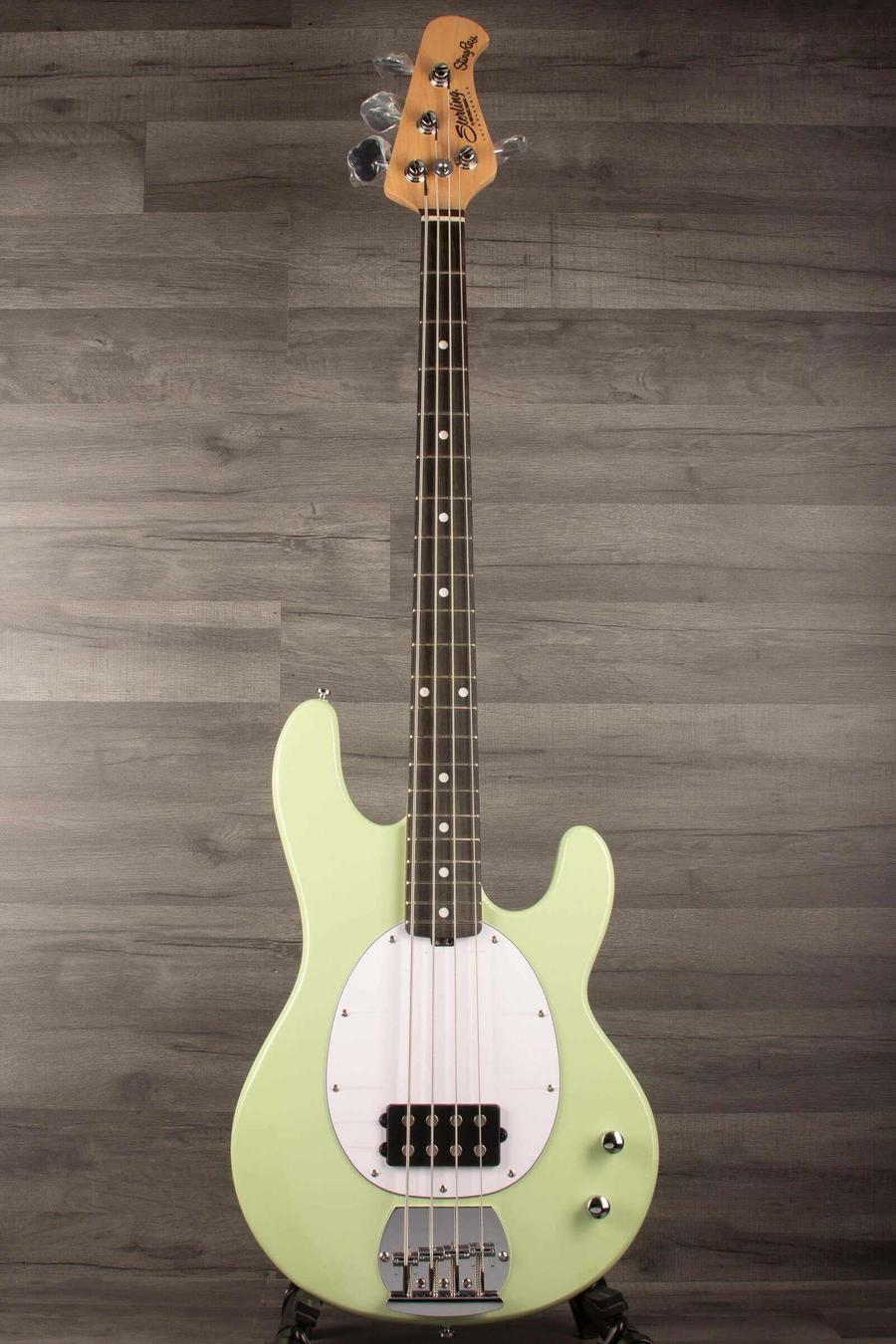 Sterling Stingray Intro series Bass Guitar - Misty Green with contoured body and ergonomic design.
