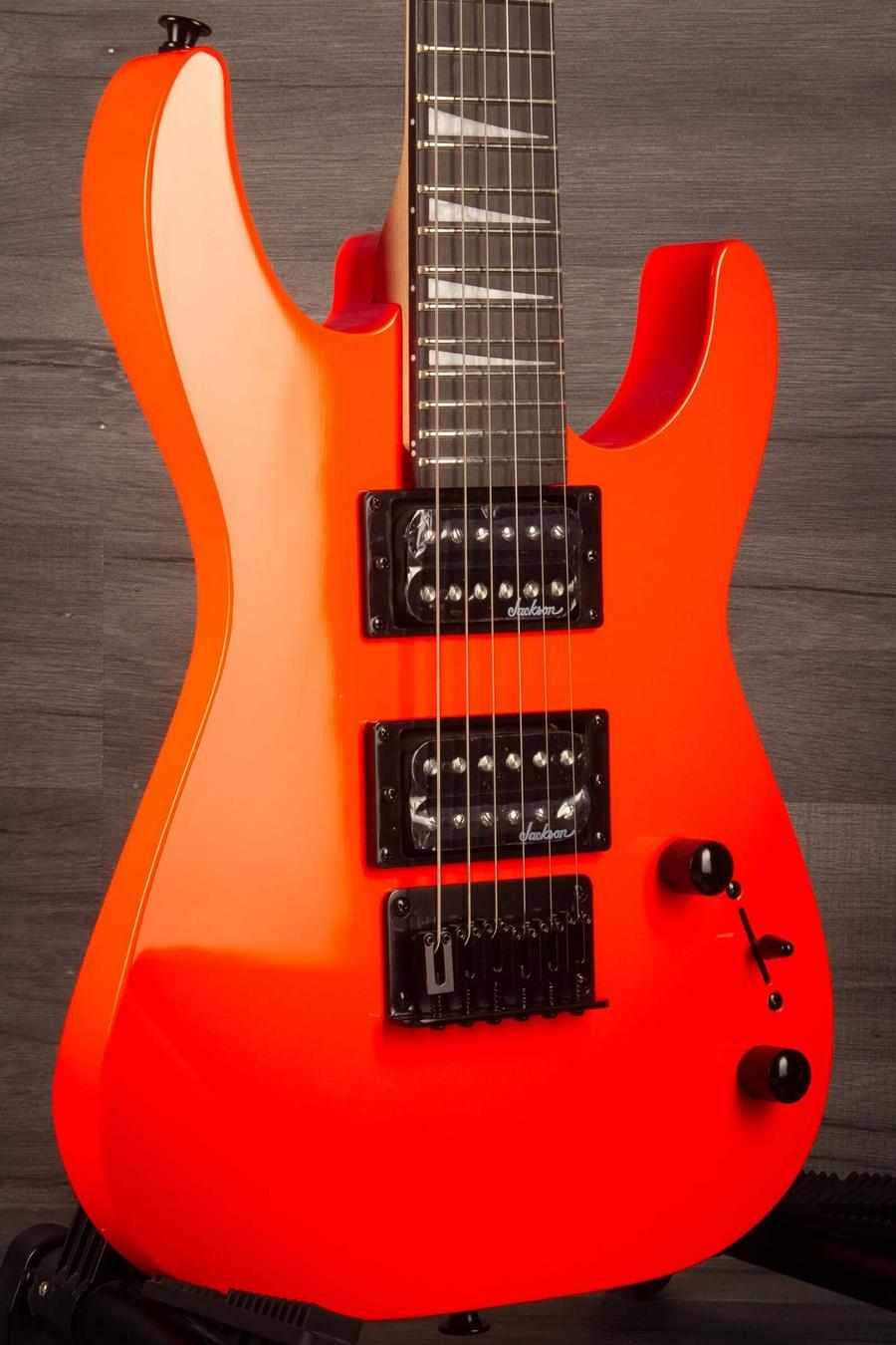 Jackson JS Series Dinky® Minion JS1X, Amaranth Fingerboard, Safety Orange close-up view.