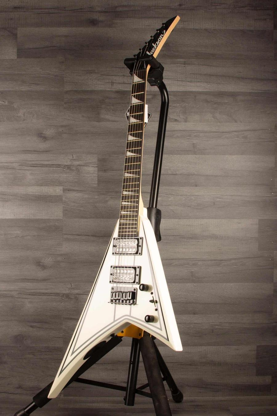 Jackson JS Series RR JS1XM Minion Electric Guitar - Snow White with black hardware and Jackson pointed 6-in-line headstock.