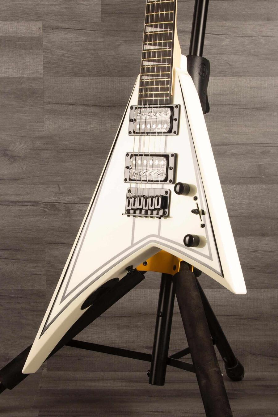 Jackson JS Series RR JS1XM Minion Electric Guitar - Snow White with black hardware and Jackson pointed 6-in-line headstock.