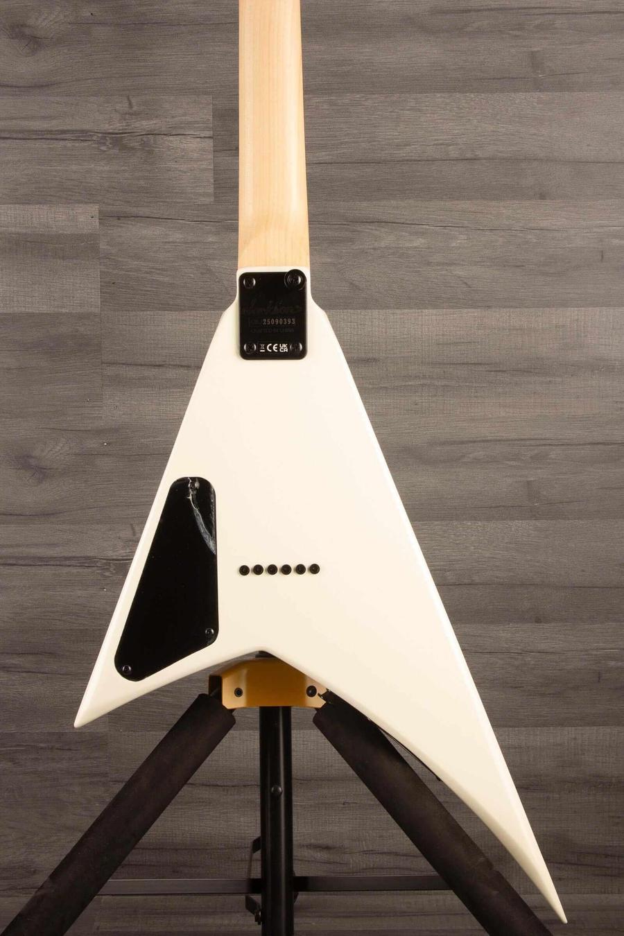 Jackson JS Series RR JS1XM Minion Electric Guitar - Snow White with black hardware and Jackson pointed 6-in-line headstock back view