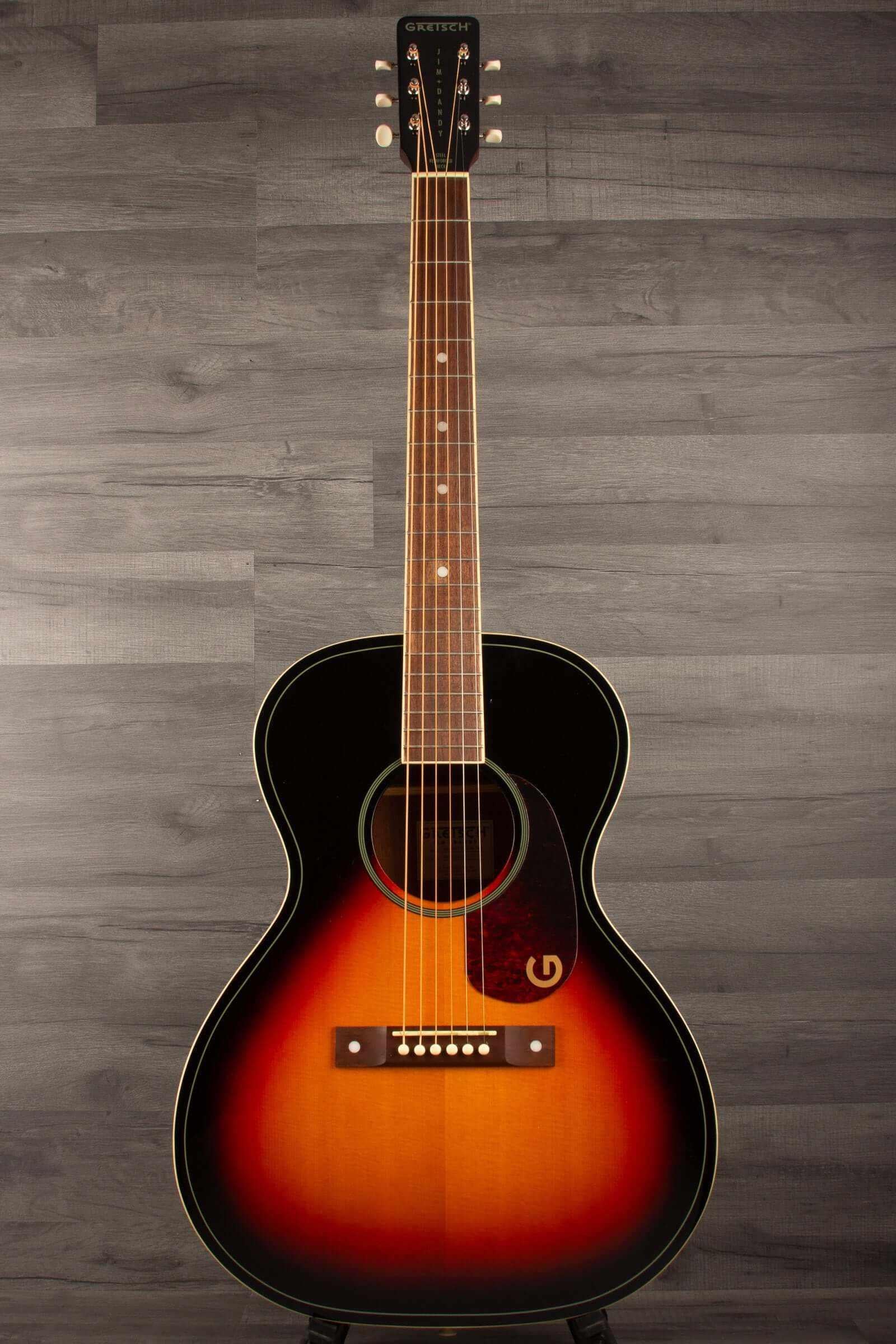 Gretsch Jim Dandy™ Concert LTD guitar with solid spruce top and heritage burst finish, showcasing a compact concert body design.