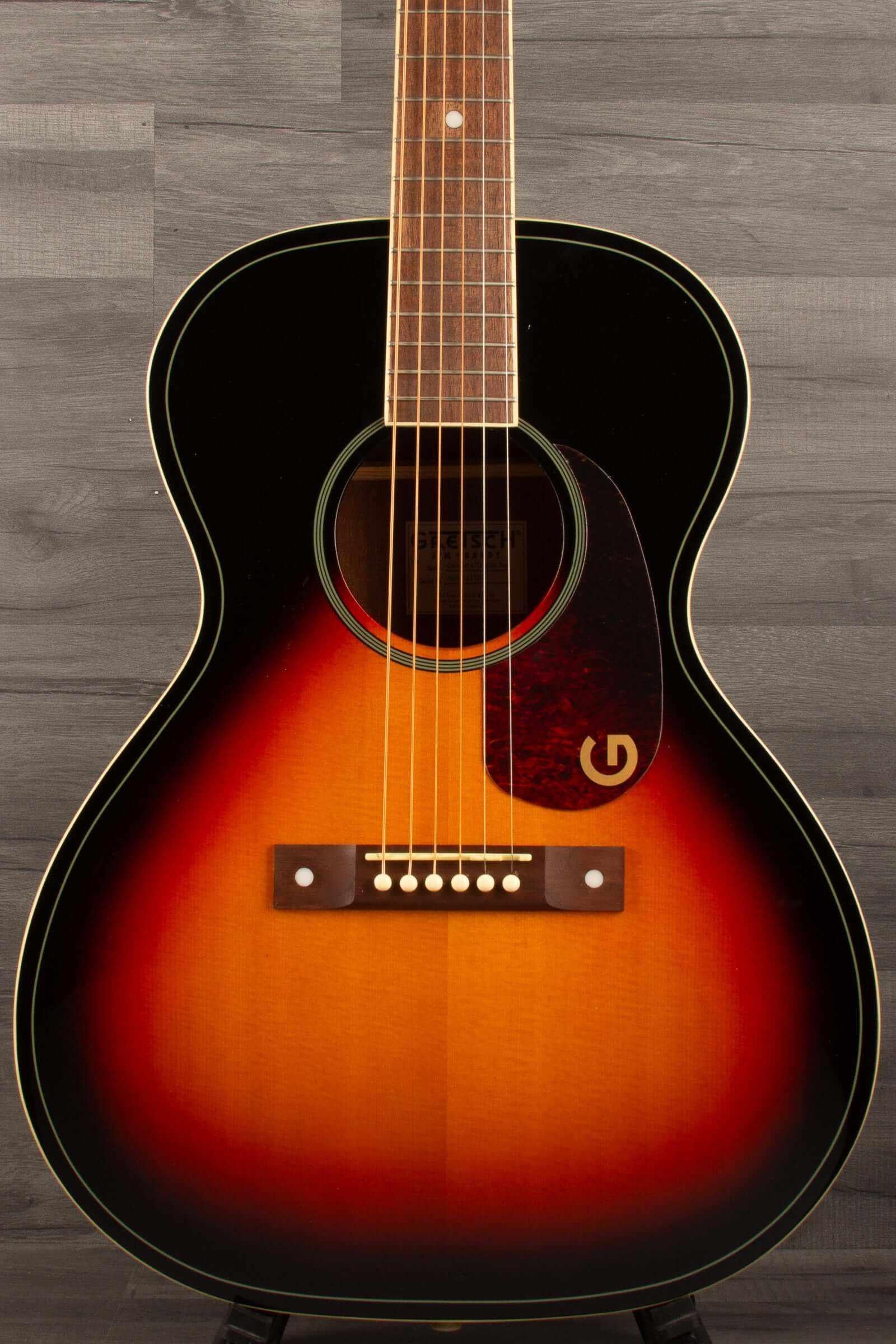 Gretsch Jim Dandy™ Concert LTD in Heritage Burst, solid spruce top, walnut fingerboard, compact concert body design.