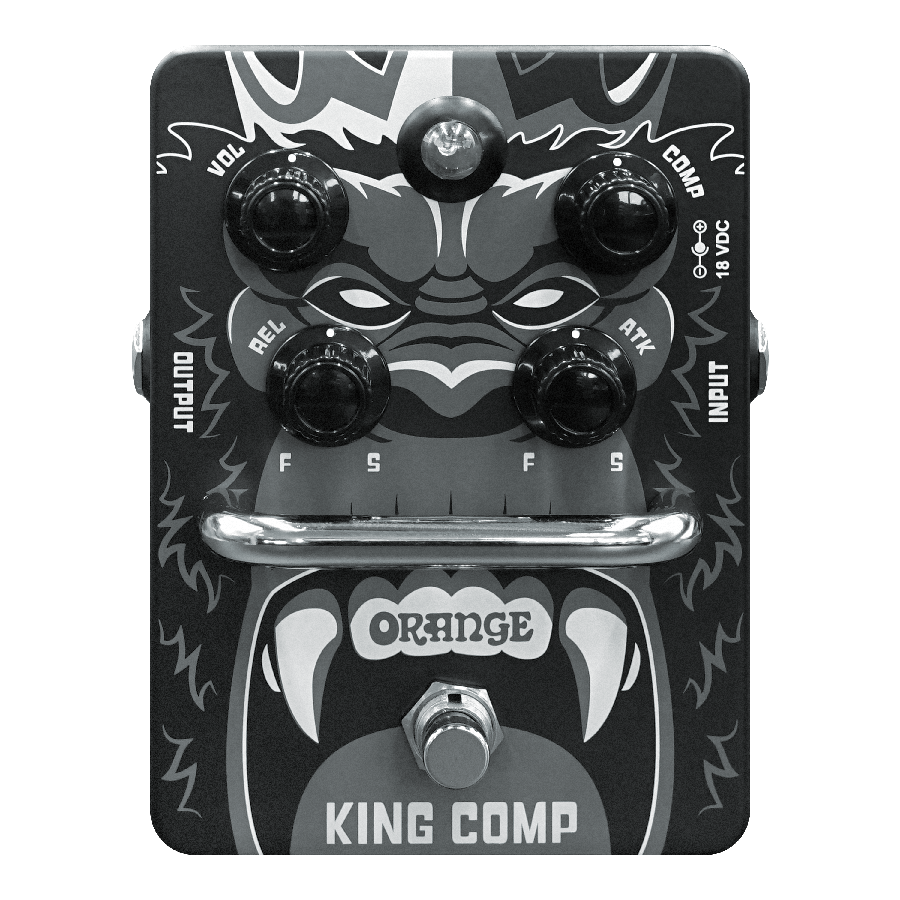 Orange King Comp pedal with adjustable knobs for volume, compression, release, and attack settings.