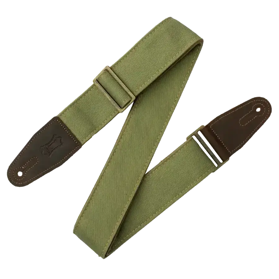 Levy's green denim guitar strap with suede and leather ends, designed for durability and style.