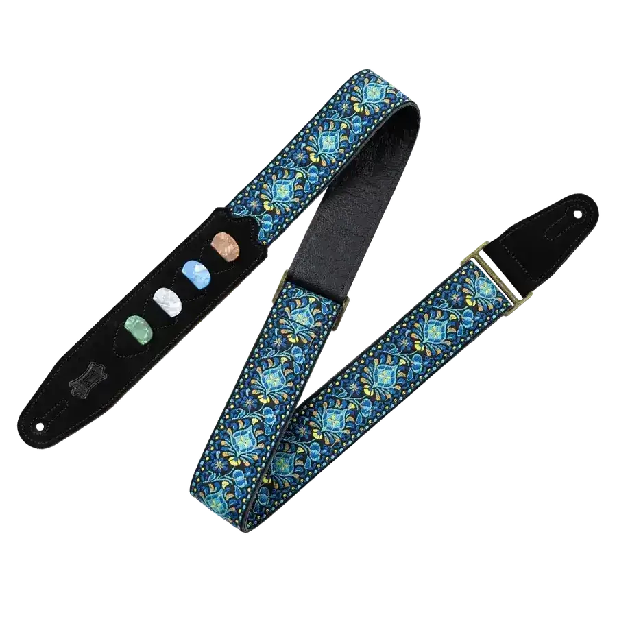 Levy's Vintage Hootenanny Series guitar strap in blue with pick holder, showcasing vibrant patterns.