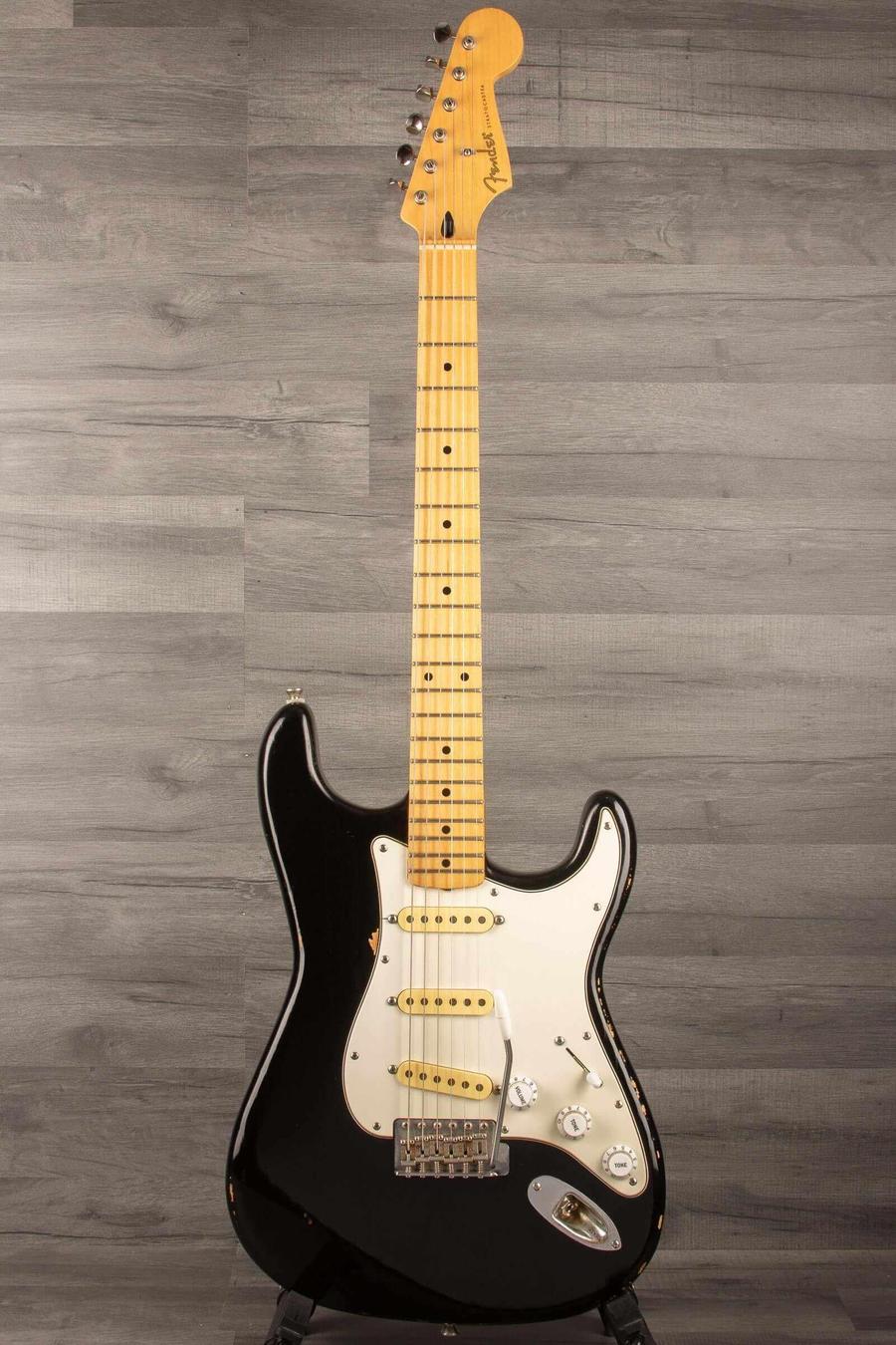 USED - Road Worn Partscaster Stratocaster Black, featuring a light ash body and Fender Jimmy Vaughan neck.
