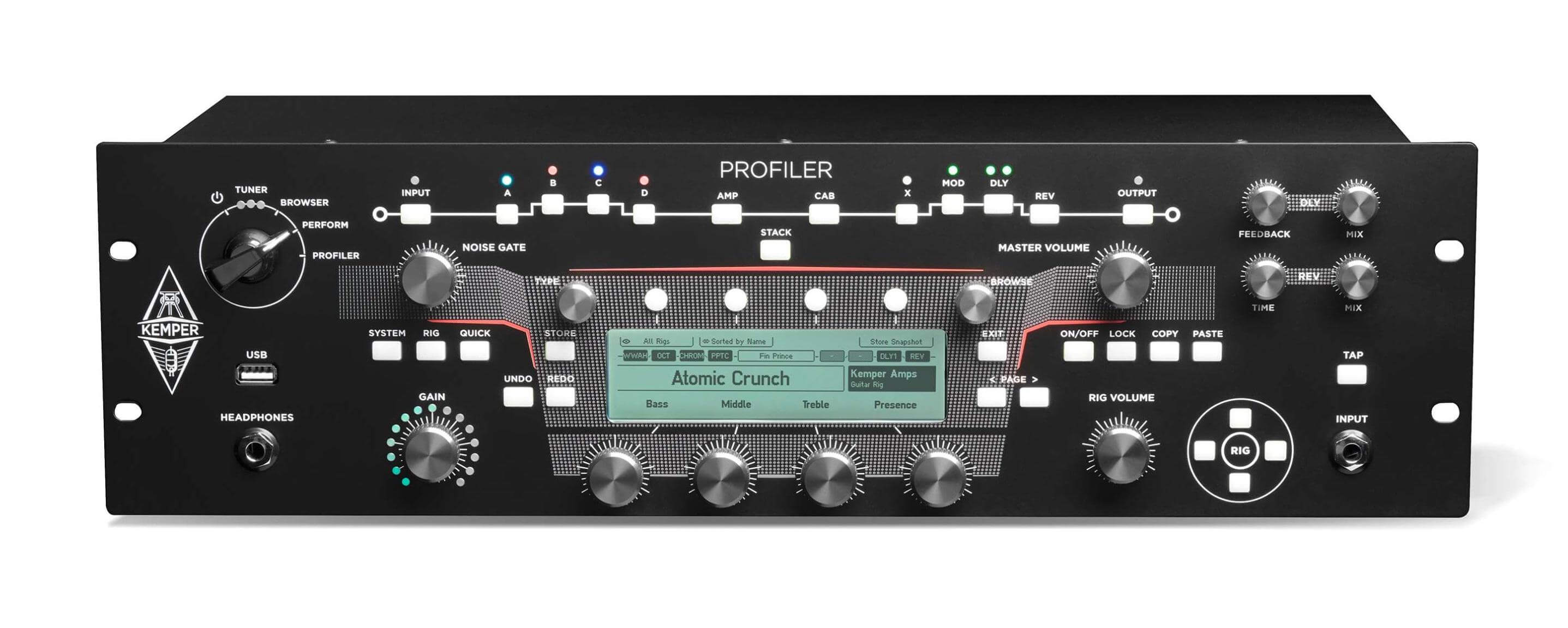 Kemper PROFILER™ Powered Rack Guitar Amp MKII front view showcasing knobs and displays.