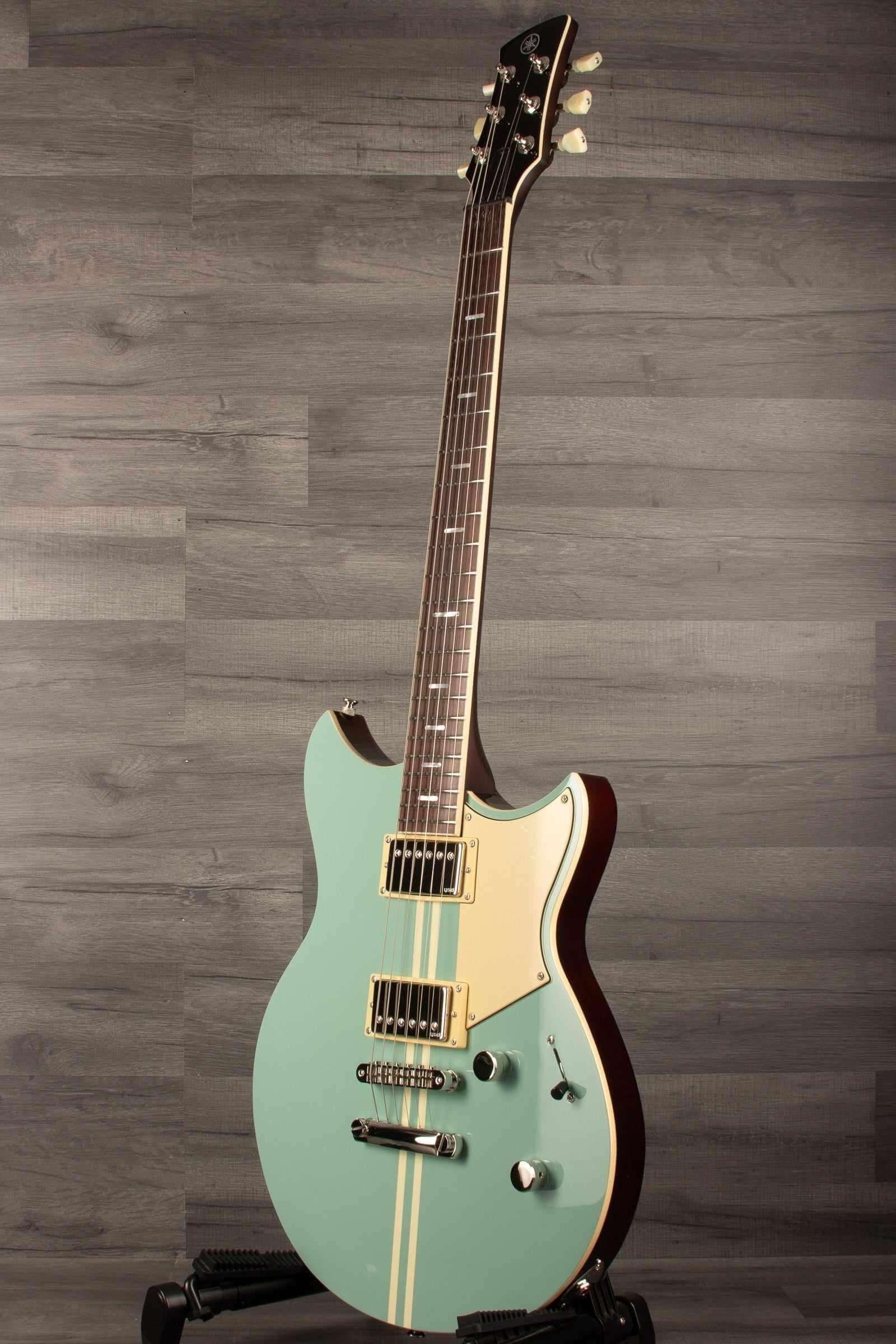 Yamaha RSS20 Revstar -Sonic Blue electric guitar showcasing unique body shape and stylish design.
