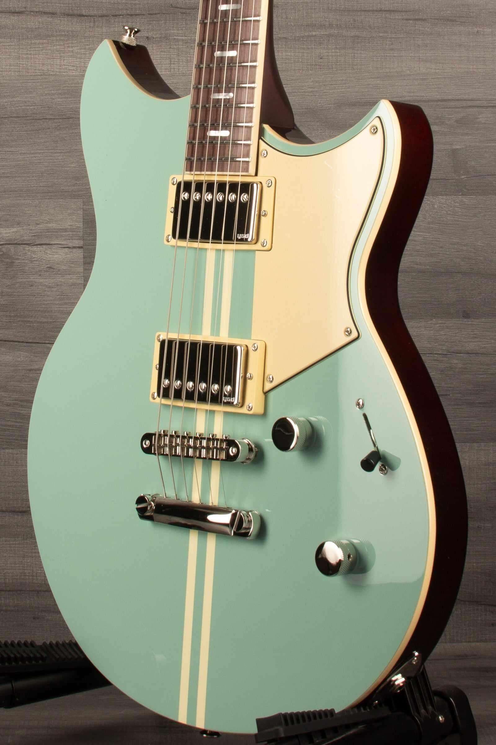Yamaha RSS20 Revstar -Sonic Blue guitar featuring unique body shape and Alnico Humbuckers.