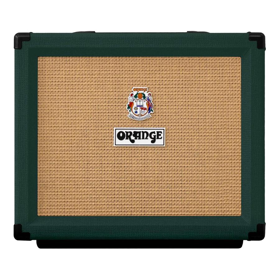 Orange Ltd edition- Rocker 15 1x10 Guitar Combo british racing green front view with logo and textured grill.