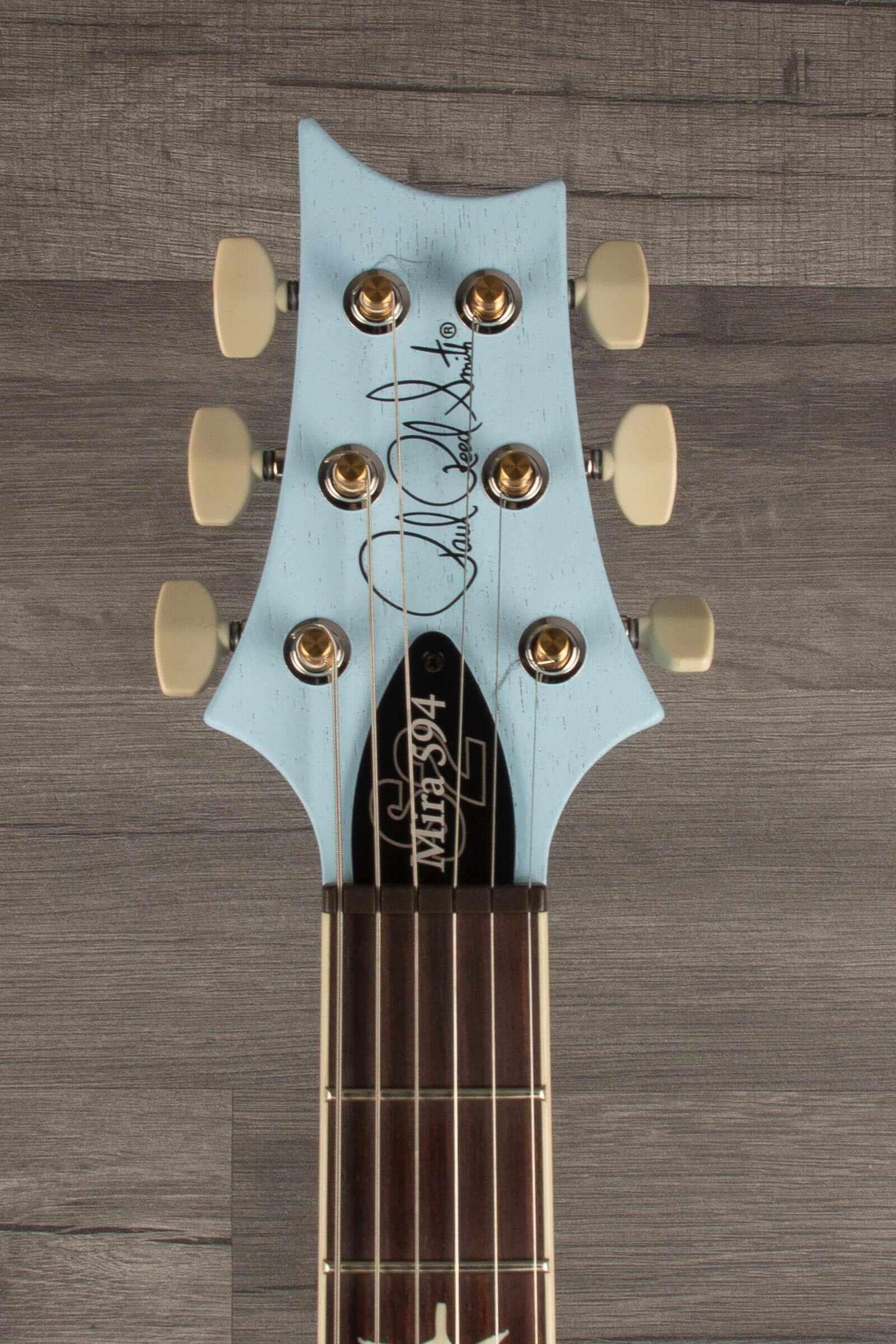 PRS - S2 Mira 594 Satin Cloudburst guitar headstock with signature and tuning pegs