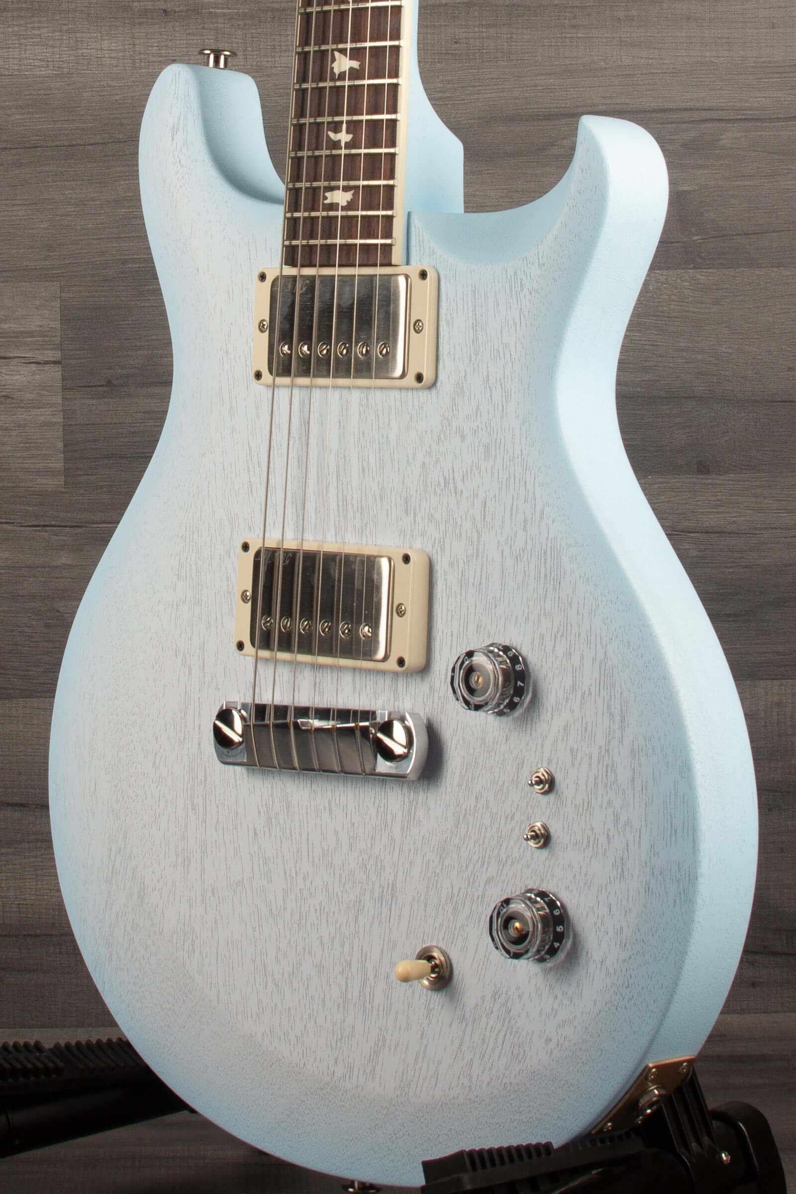 PRS - S2 Mira 594 Satin Cloudburst electric guitar in light blue finish with vintage-inspired humbuckers.