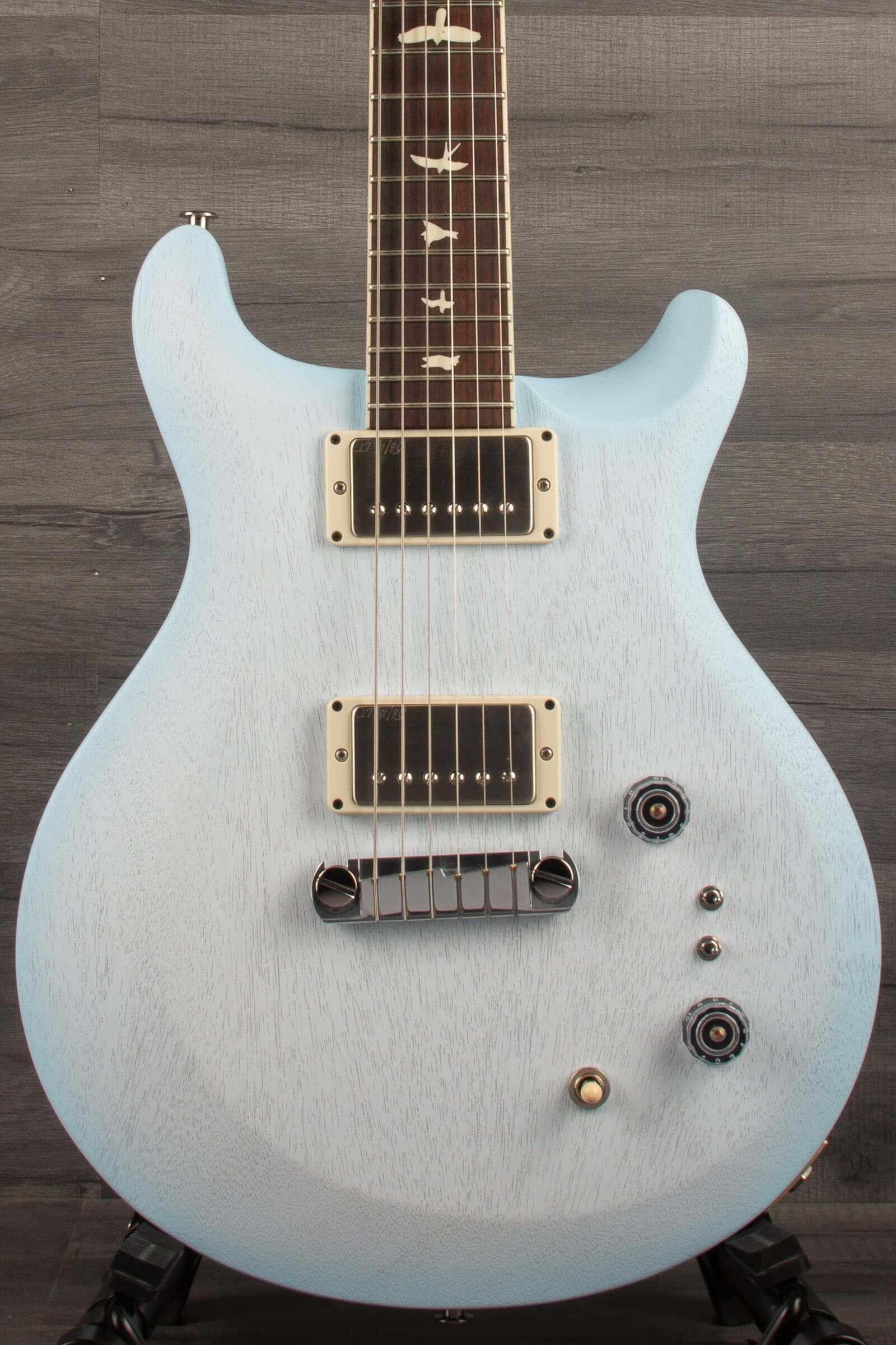 PRS - S2 Mira 594 Satin Cloudburst electric guitar in a light blue finish with vintage-inspired humbuckers.