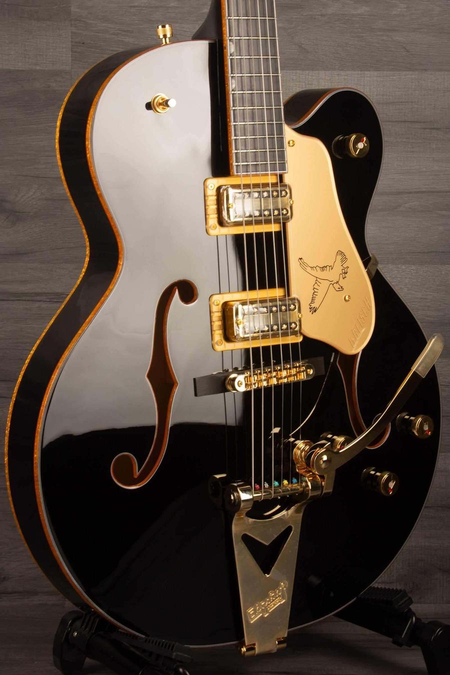 Gretsch Synchromatic™ Falcon™ Hollow Body Single-Cut with Bigsby®, Ebony Fingerboard, Black close-up view.