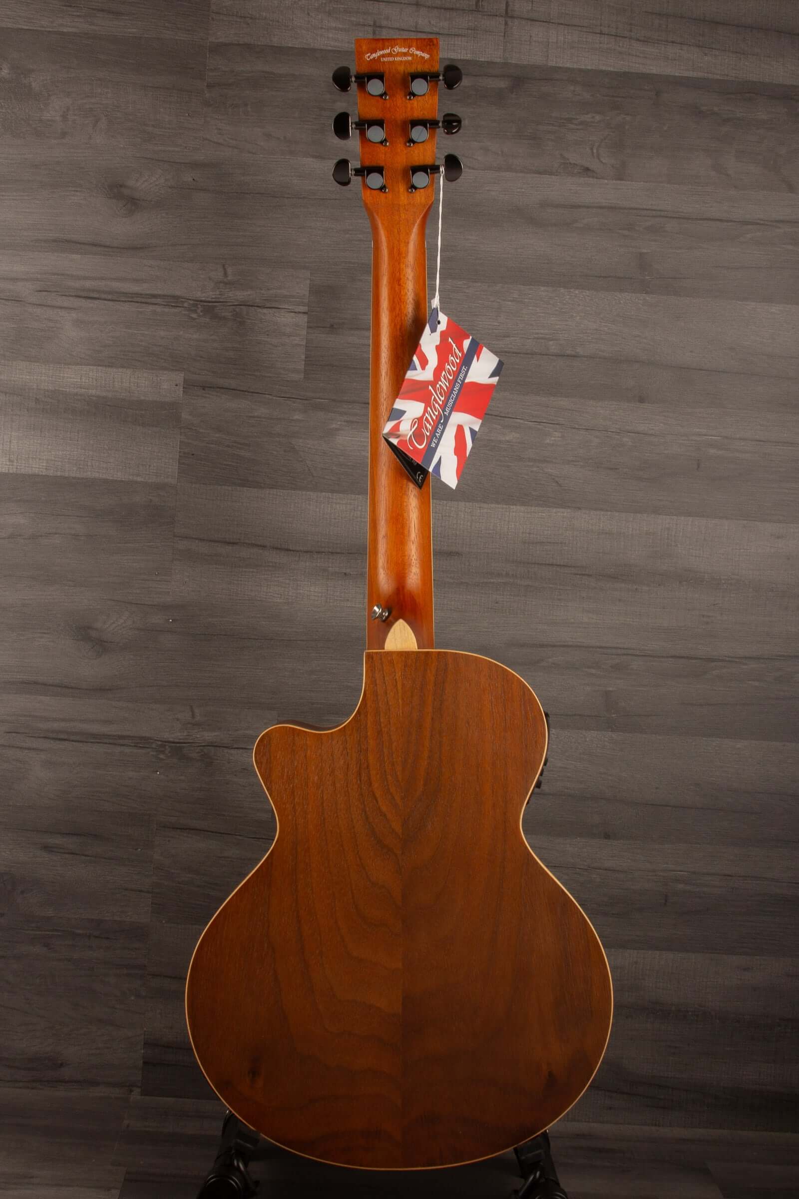 Back view of Tanglewood DBT-TCEBW guitar showcasing its beautiful wood finish and design.