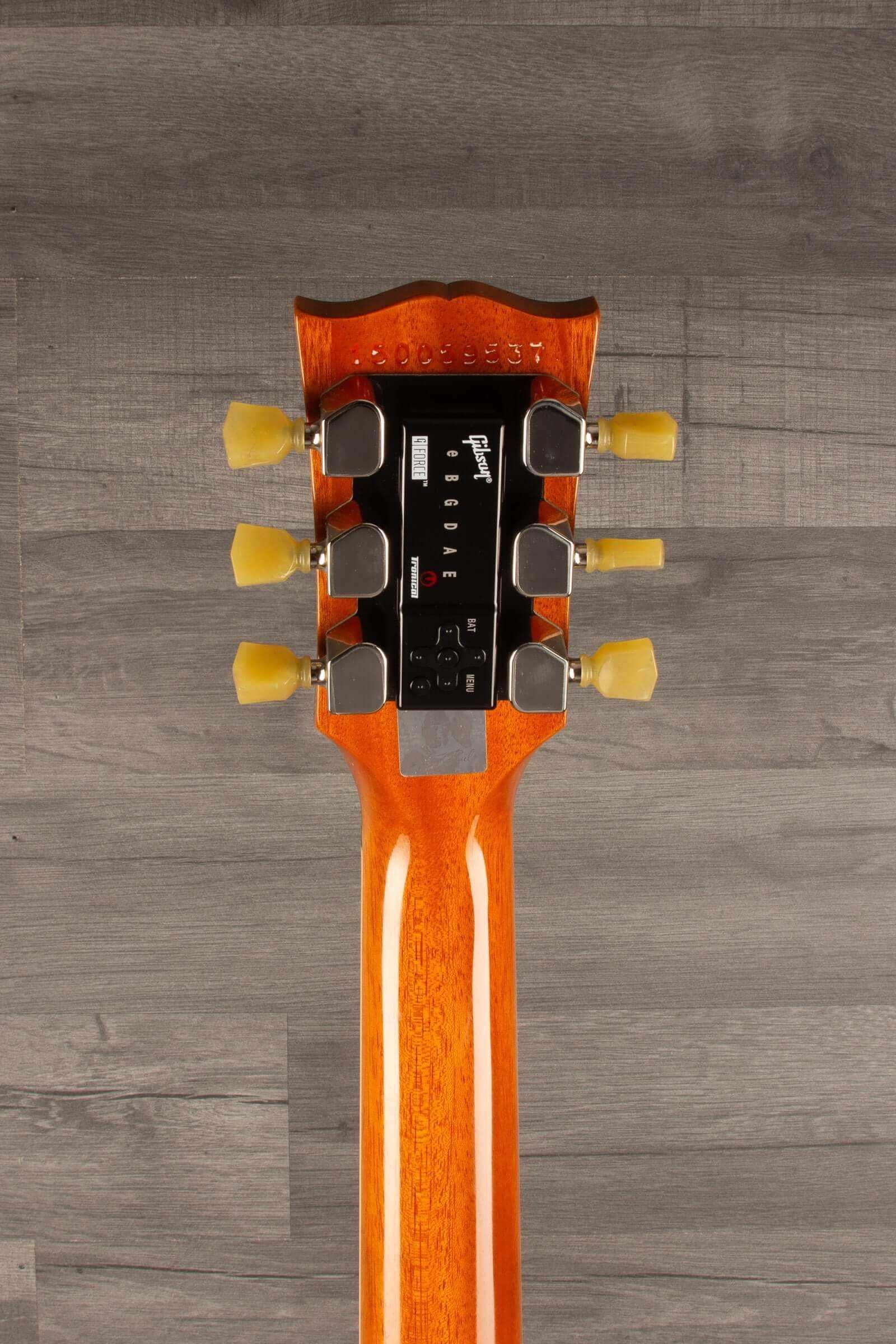 Top view of a used Gibson 2015 Les Paul Deluxe Gold Top guitar neck with G FORCE tuning system.